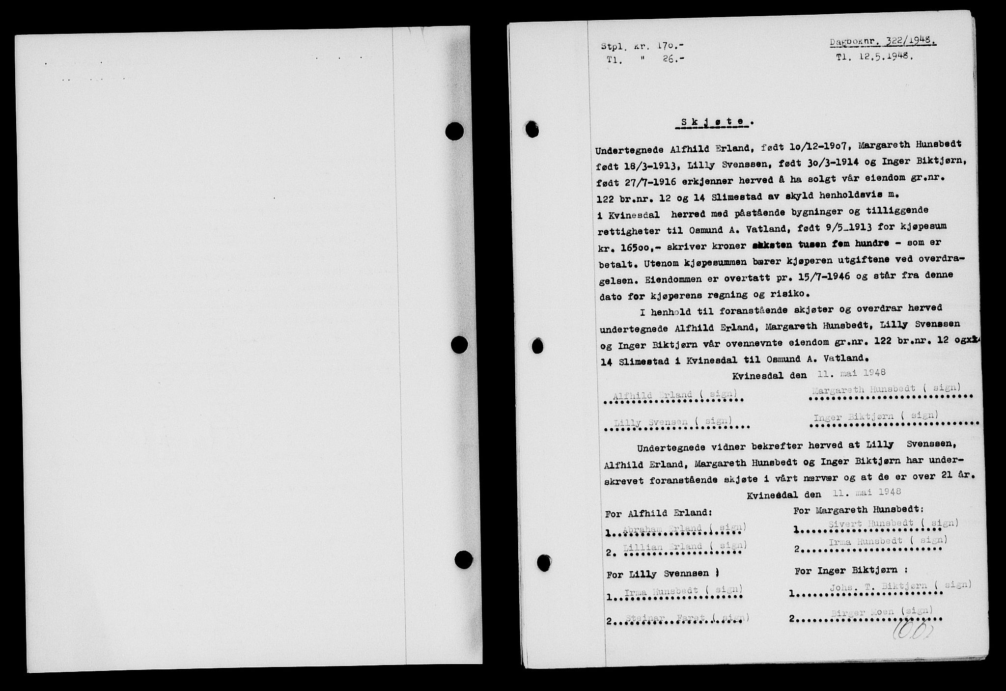 Flekkefjord sorenskriveri, AV/SAK-1221-0001/G/Gb/Gba/L0063: Mortgage book no. A-11, 1947-1948, Diary no: : 322/1948