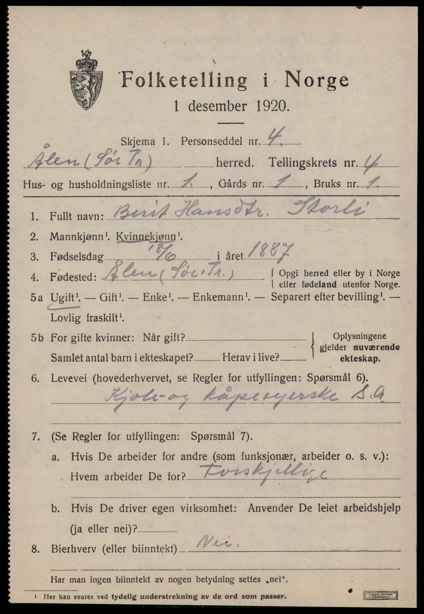 SAT, 1920 census for Ålen, 1920, p. 2070