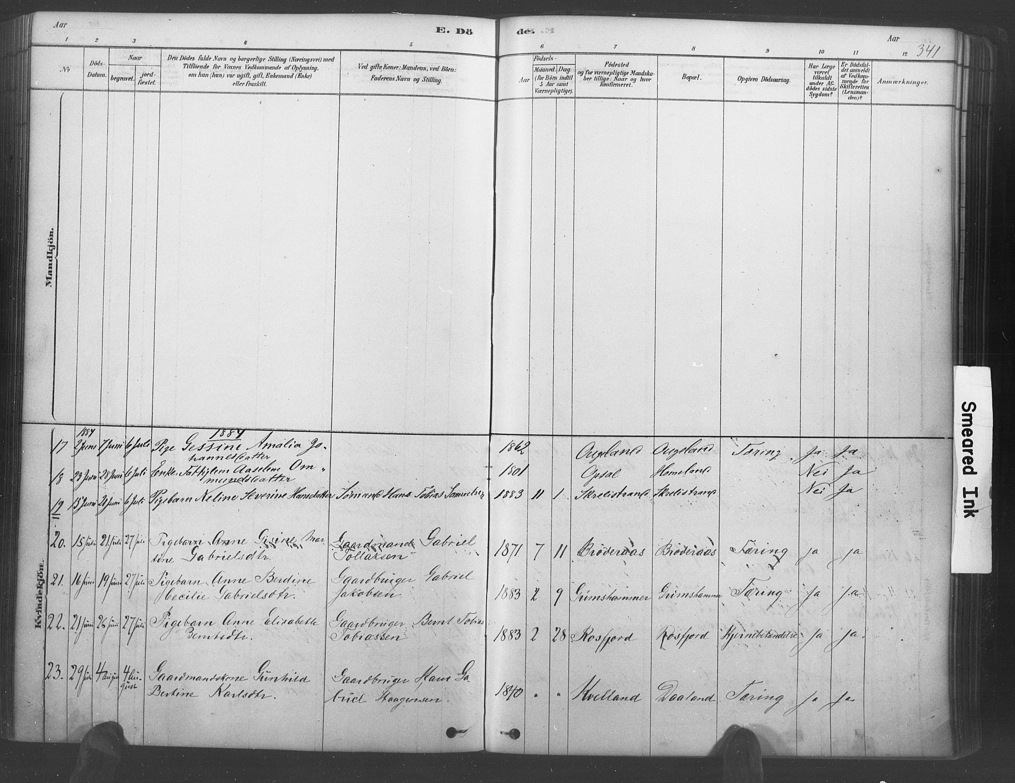 Lyngdal sokneprestkontor, AV/SAK-1111-0029/F/Fa/Fac/L0011: Parish register (official) no. A 11, 1878-1893, p. 341