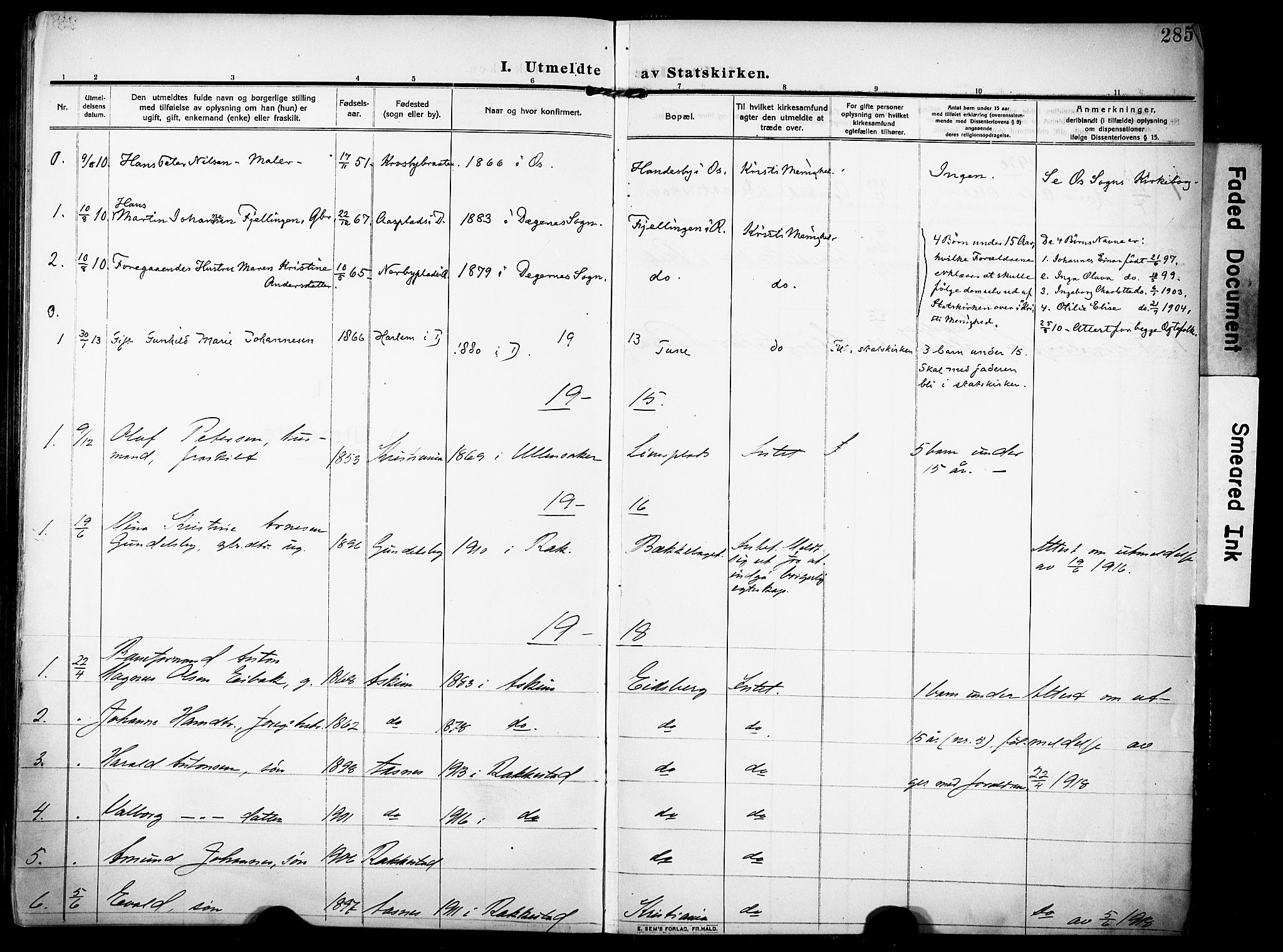 Rakkestad prestekontor Kirkebøker, AV/SAO-A-2008/F/Fa/L0015: Parish register (official) no. I 15, 1909-1922, p. 285