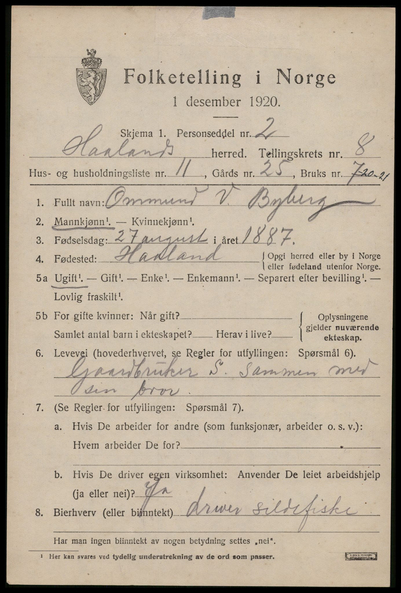 SAST, 1920 census for Håland, 1920, p. 6481