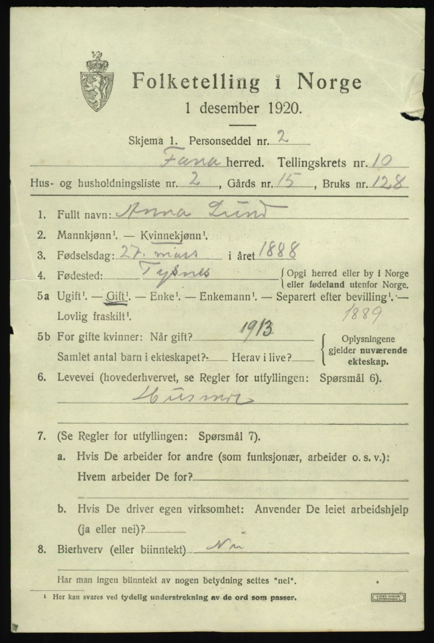 SAB, 1920 census for Fana, 1920, p. 16603