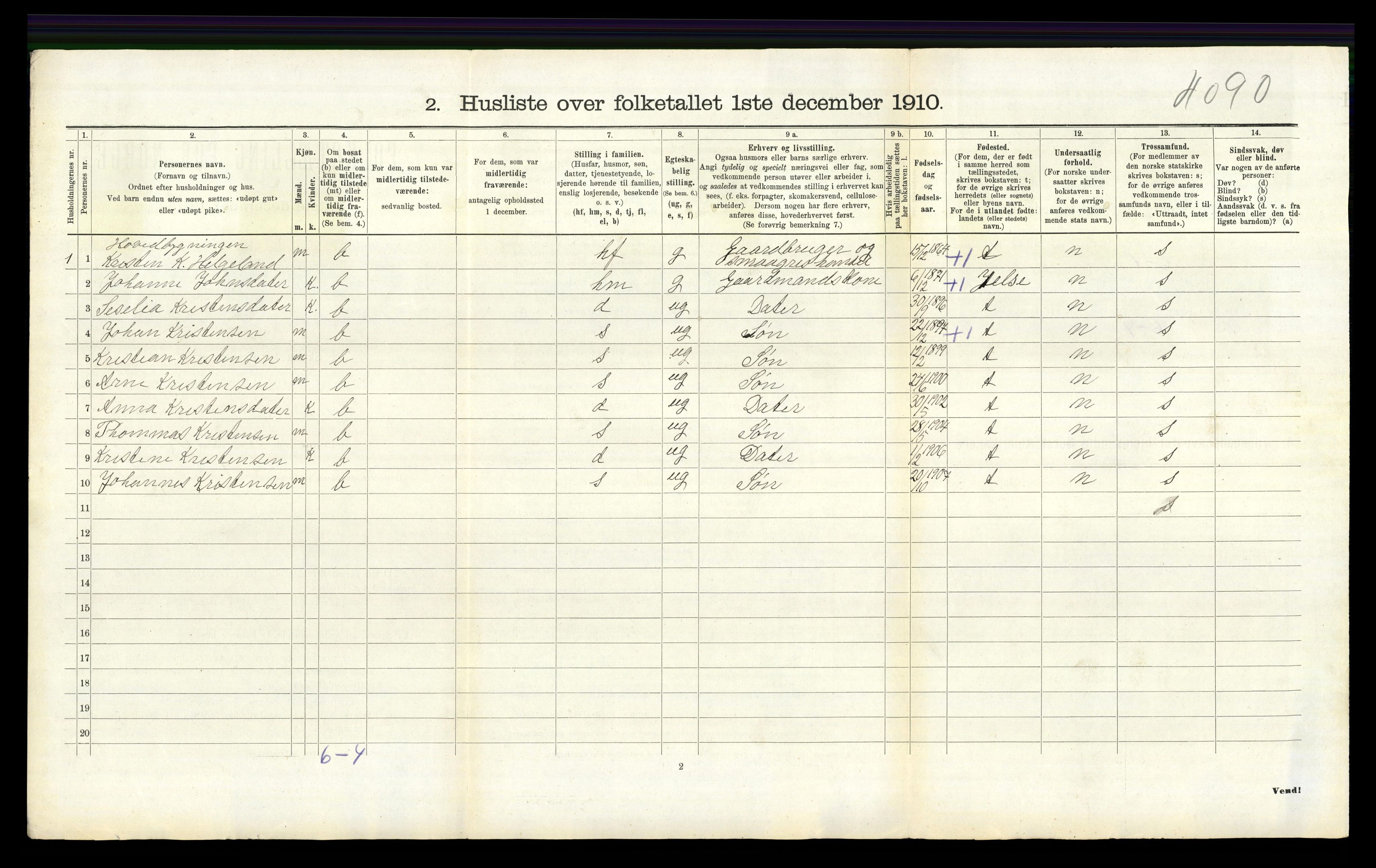 RA, 1910 census for Vikedal, 1910, p. 240