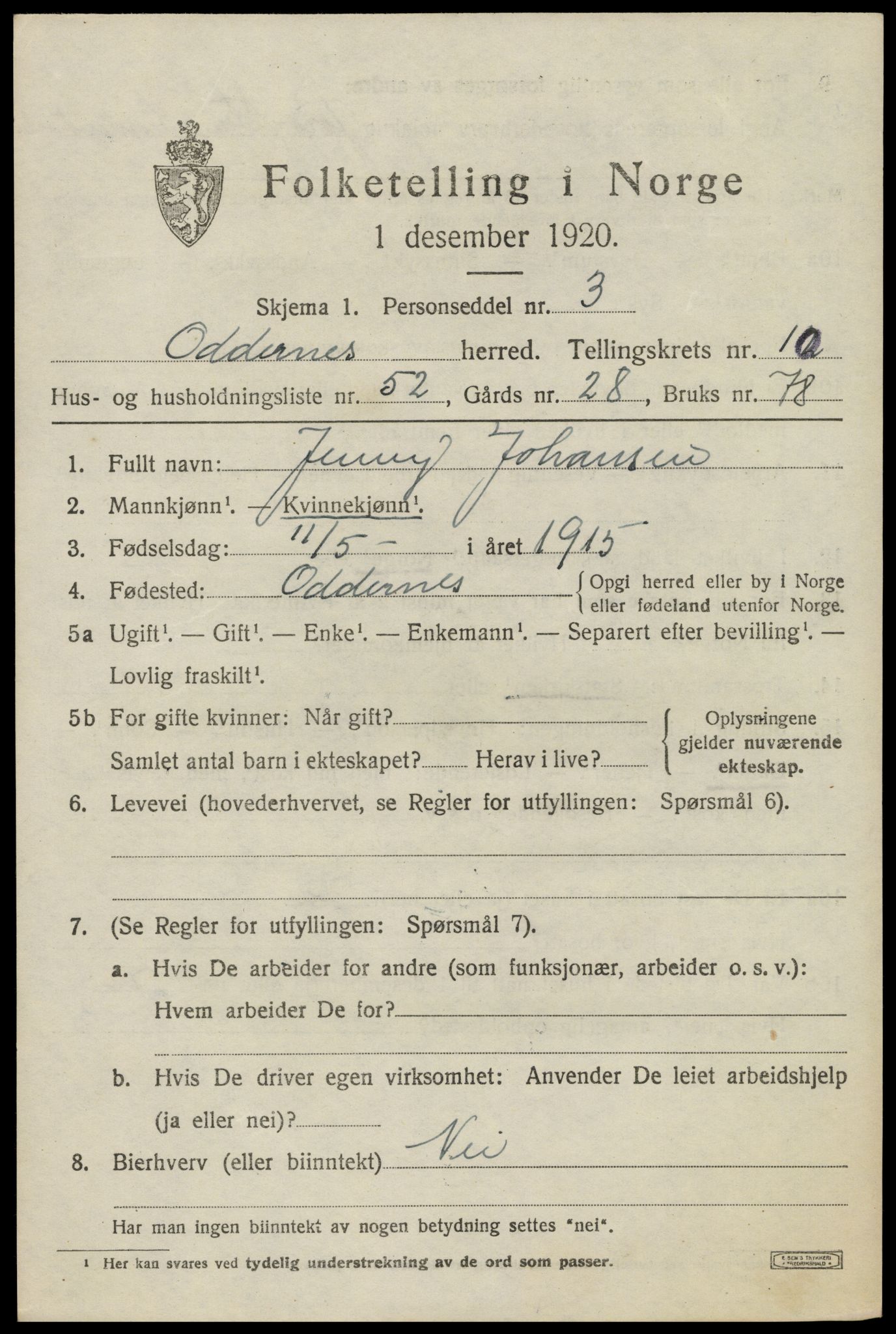 SAK, 1920 census for Oddernes, 1920, p. 7057