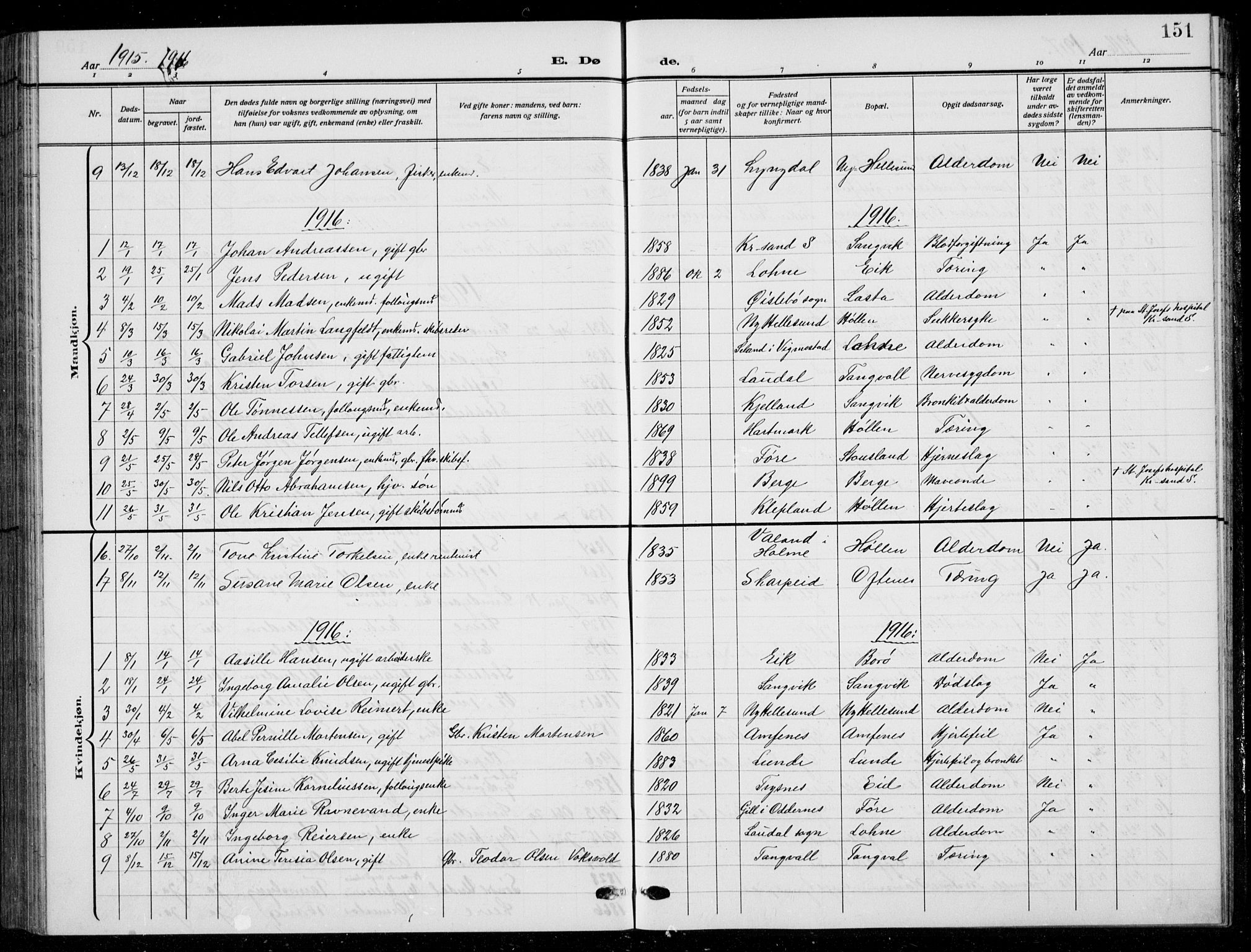 Søgne sokneprestkontor, SAK/1111-0037/F/Fb/Fbb/L0007: Parish register (copy) no. B 7, 1912-1931, p. 151