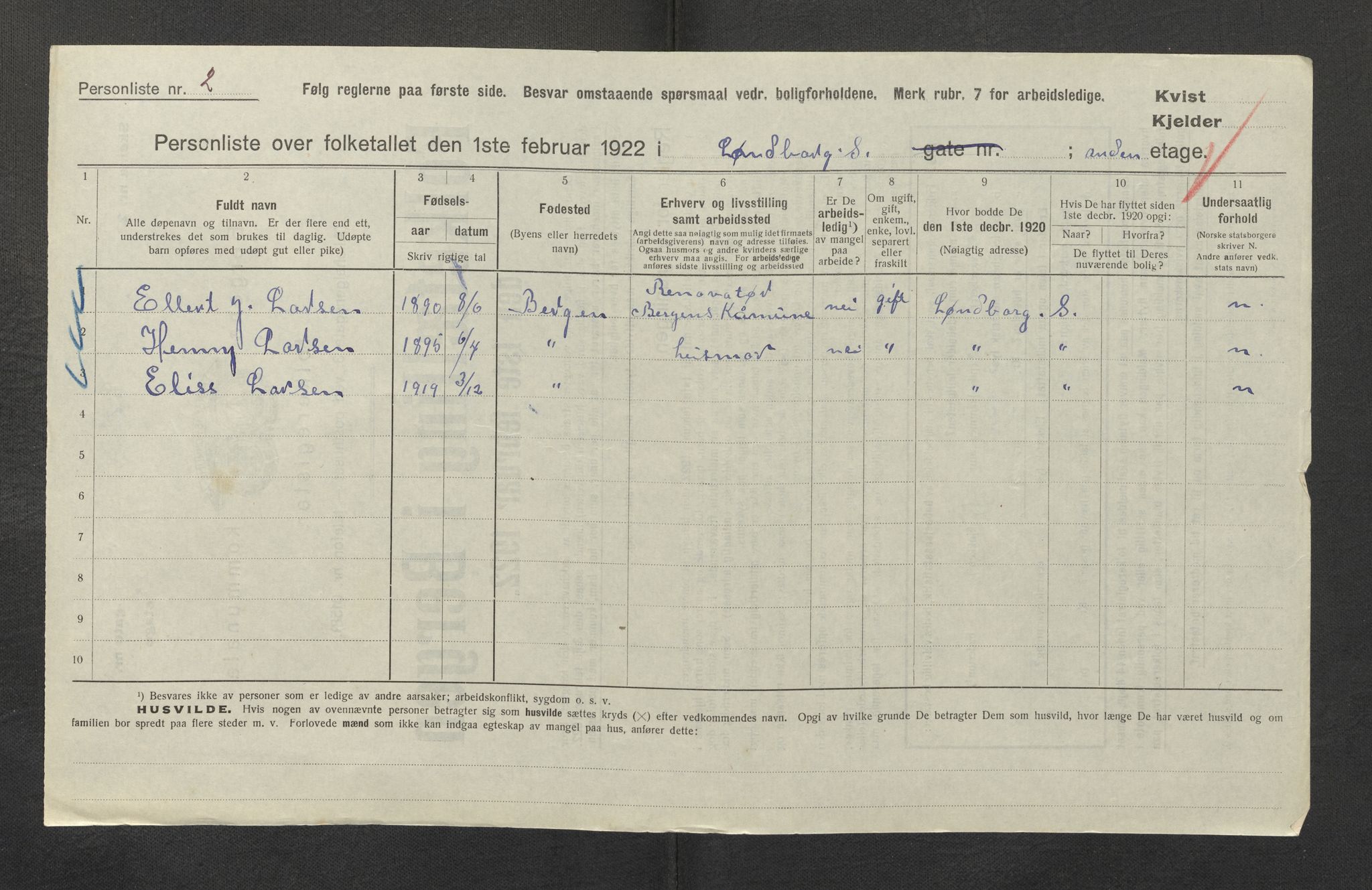 SAB, Municipal Census 1922 for Bergen, 1922, p. 23293