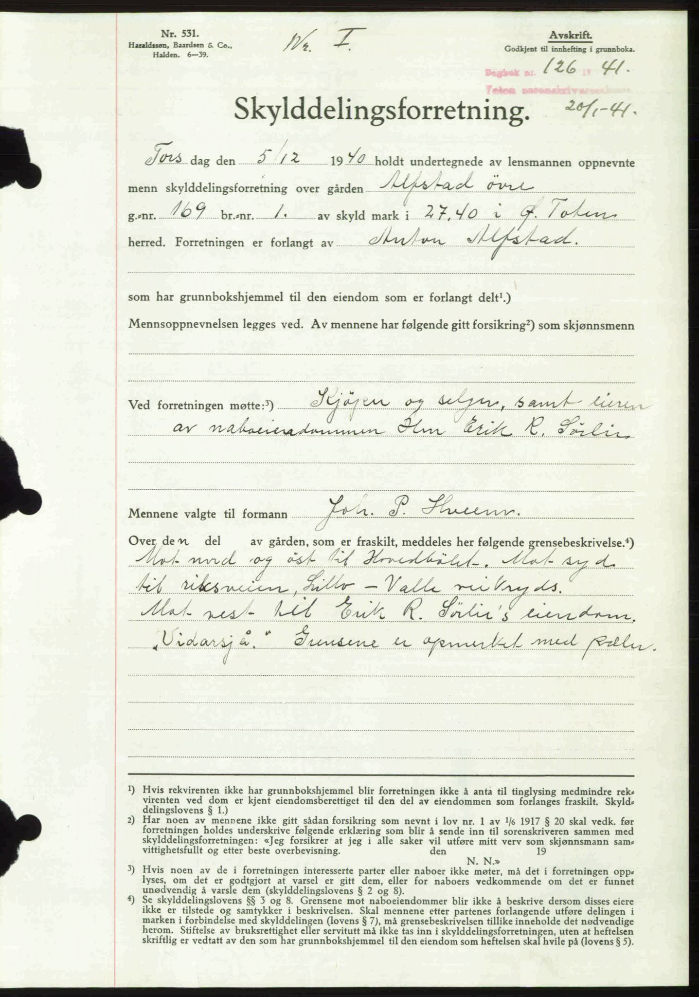 Toten tingrett, SAH/TING-006/H/Hb/Hbc/L0008: Mortgage book no. Hbc-08, 1941-1941, Diary no: : 126/1941