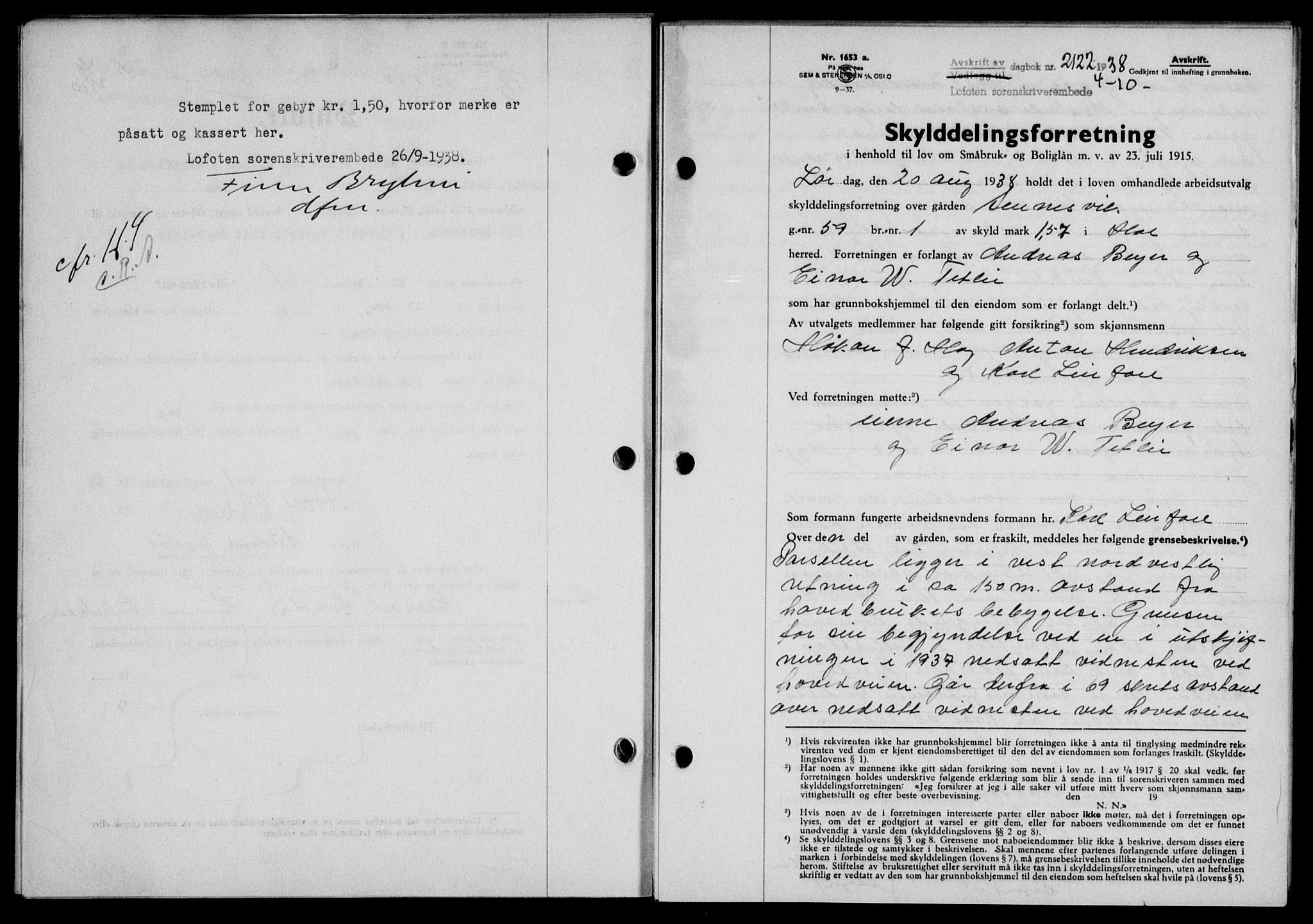 Lofoten sorenskriveri, SAT/A-0017/1/2/2C/L0004a: Mortgage book no. 4a, 1938-1938, Diary no: : 2122/1938
