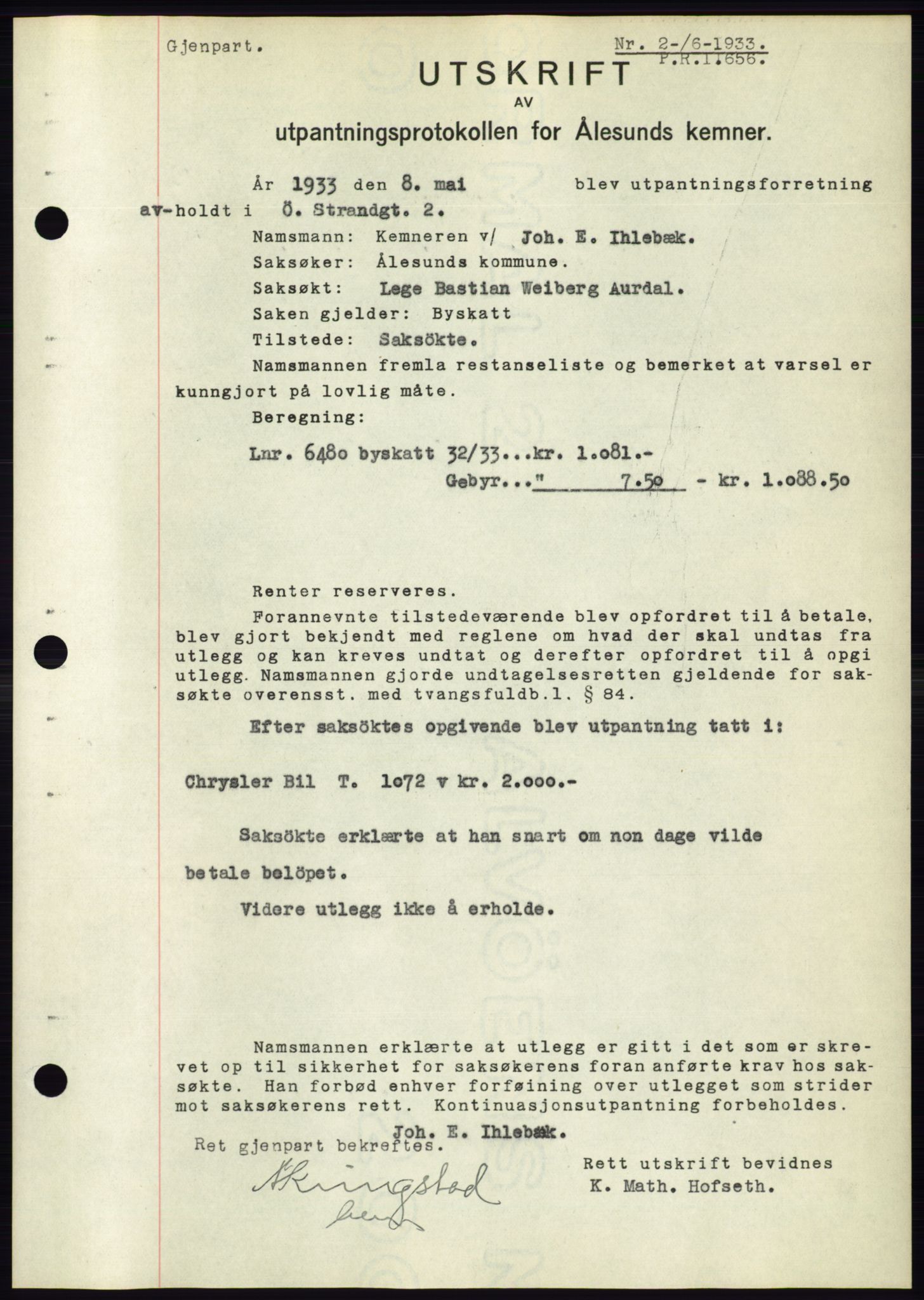 Ålesund byfogd, AV/SAT-A-4384: Mortgage book no. 30, 1932-1933, Deed date: 06.06.1933