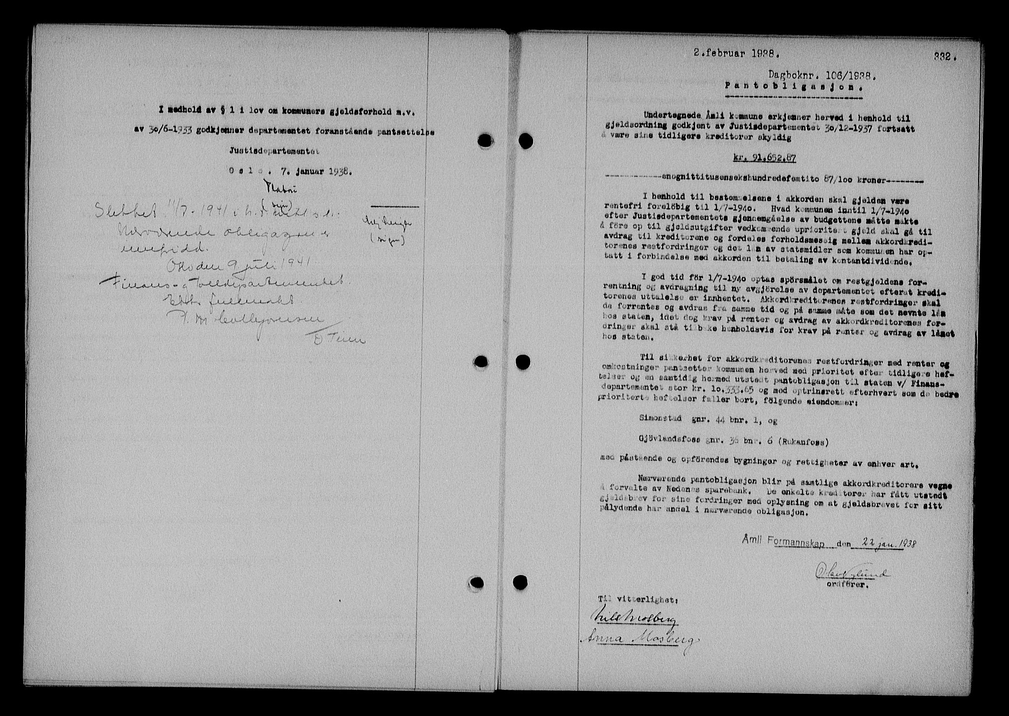 Nedenes sorenskriveri, SAK/1221-0006/G/Gb/Gba/L0044: Mortgage book no. 40, 1937-1938, Diary no: : 106/1938