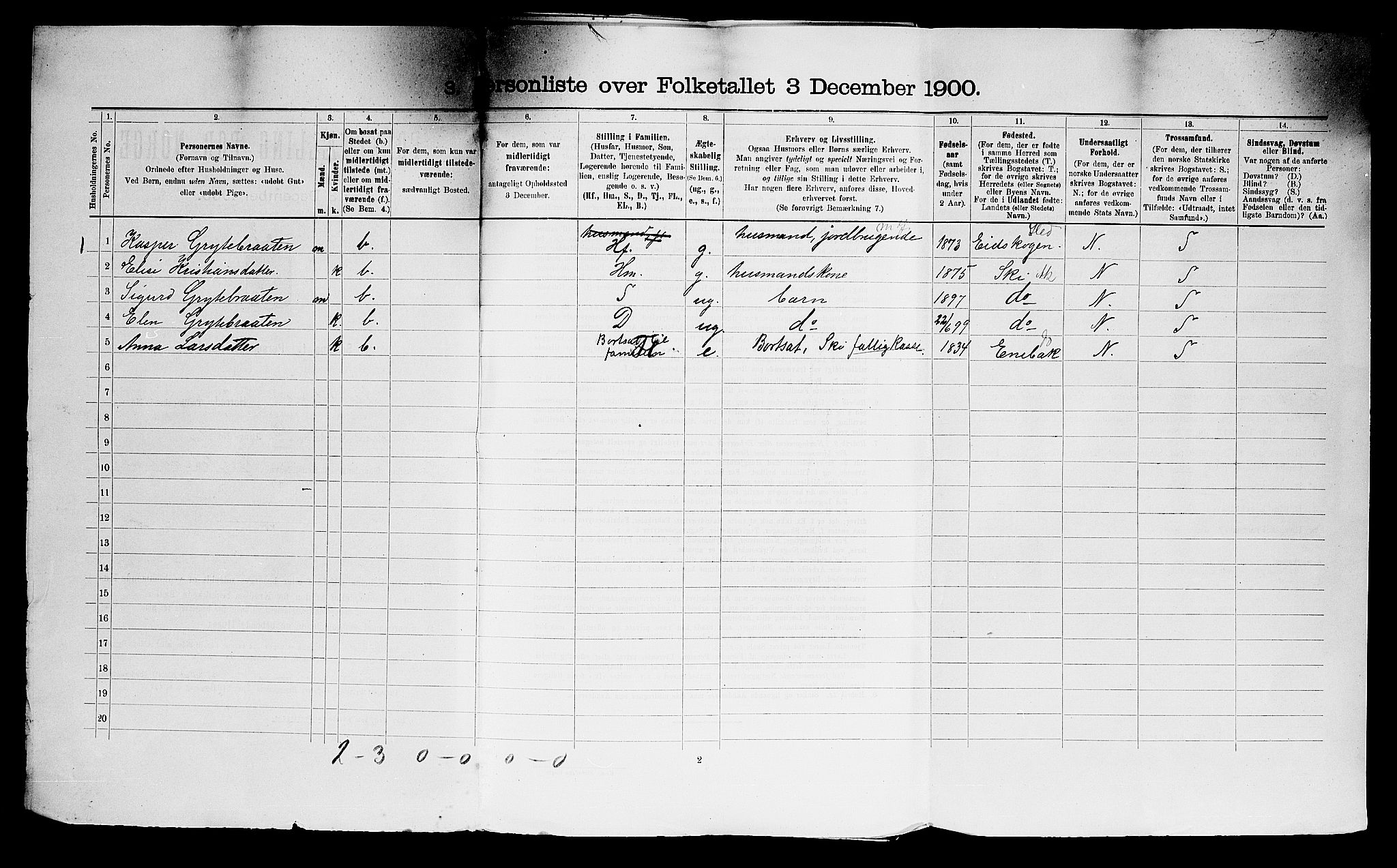 SAO, 1900 census for Nesodden, 1900