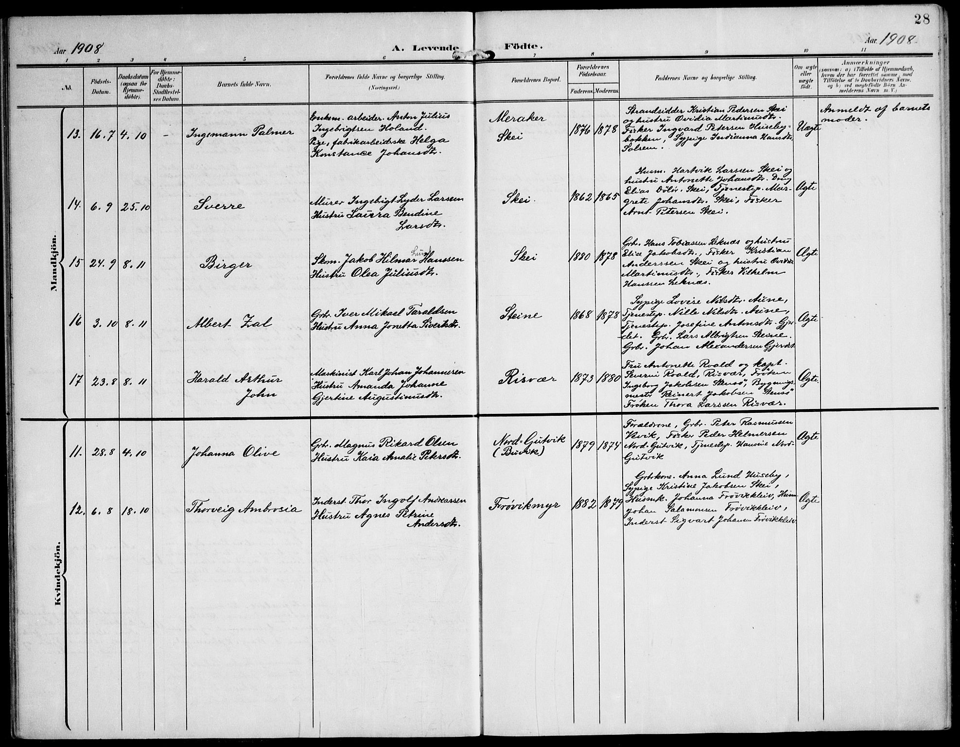 Ministerialprotokoller, klokkerbøker og fødselsregistre - Nord-Trøndelag, AV/SAT-A-1458/788/L0698: Parish register (official) no. 788A05, 1902-1921, p. 28