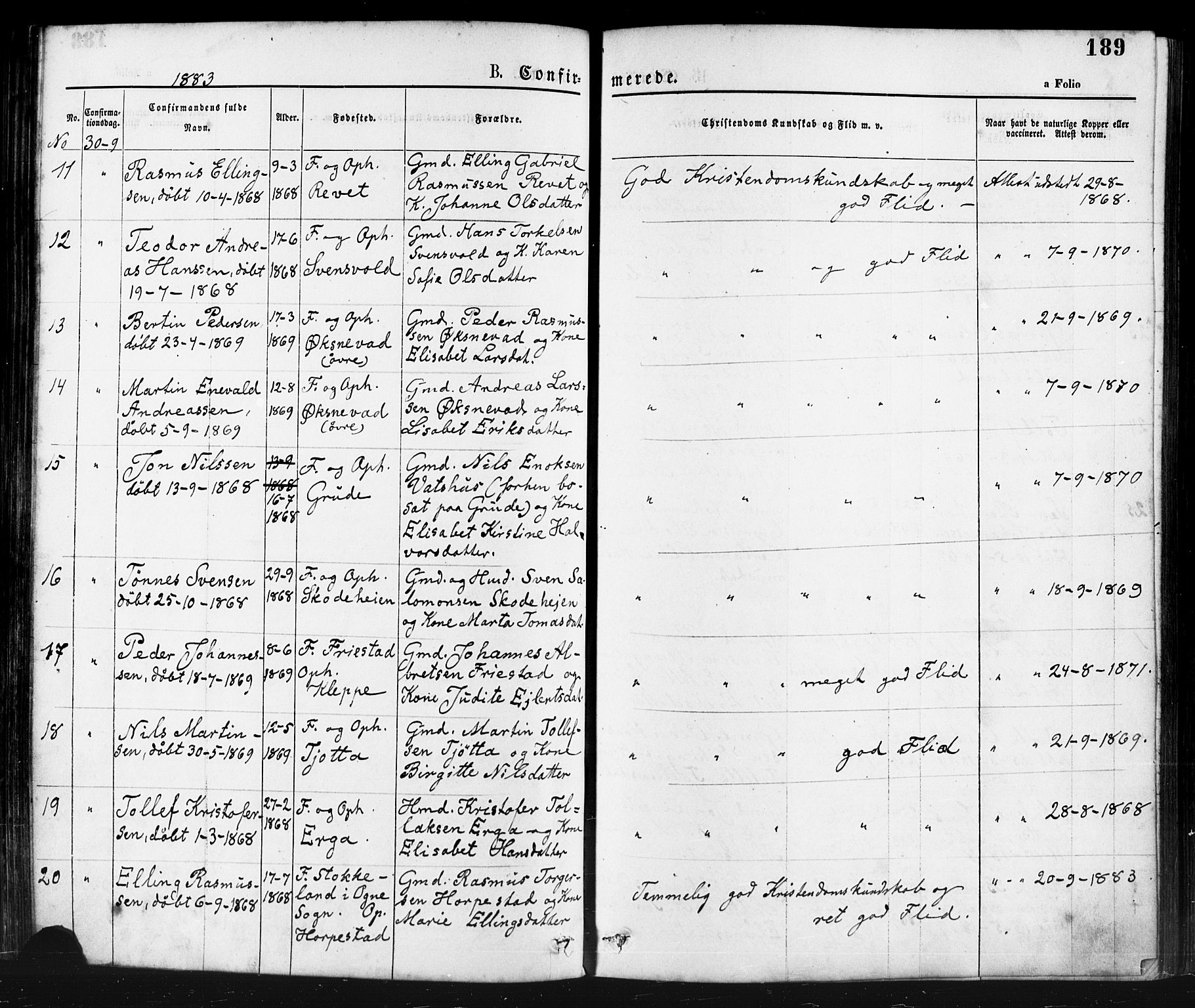 Klepp sokneprestkontor, AV/SAST-A-101803/001/3/30BA/L0006: Parish register (official) no. A 6, 1871-1885, p. 189