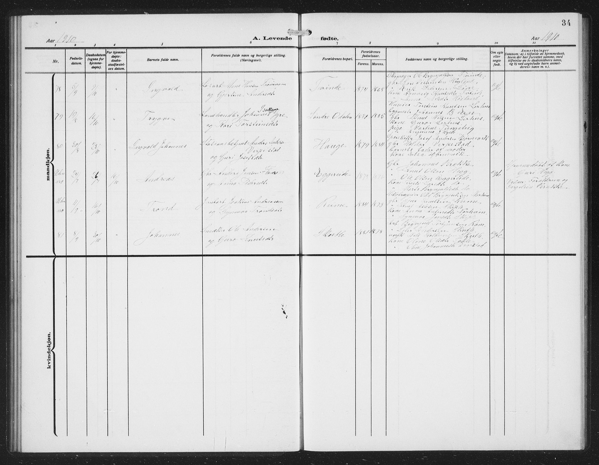 Voss sokneprestembete, AV/SAB-A-79001/H/Hab: Parish register (copy) no. C 3, 1909-1920, p. 34