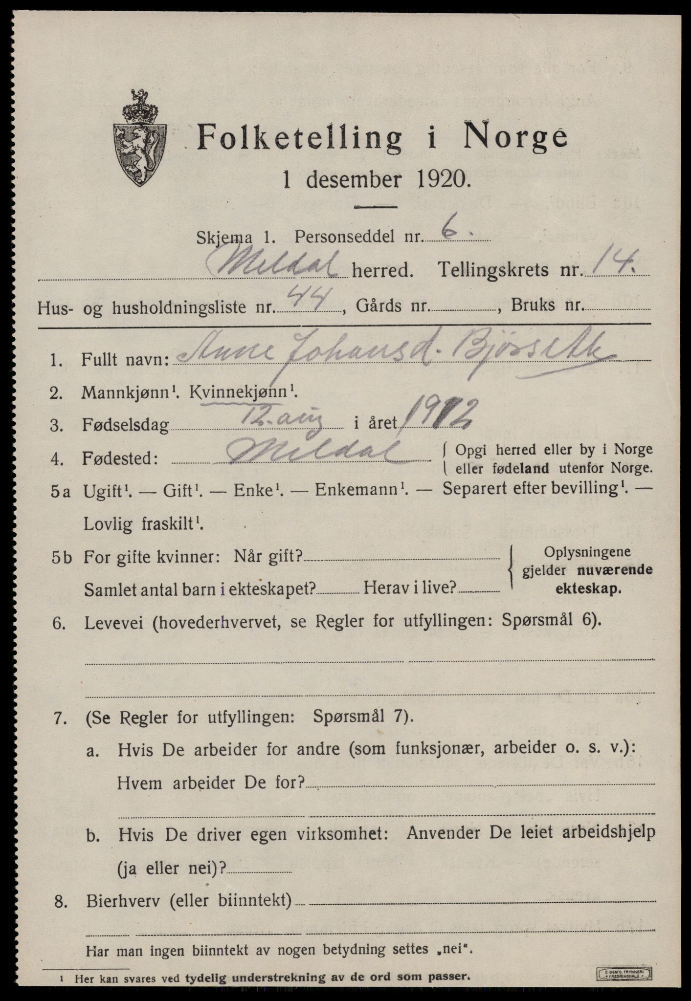 SAT, 1920 census for Meldal, 1920, p. 10469