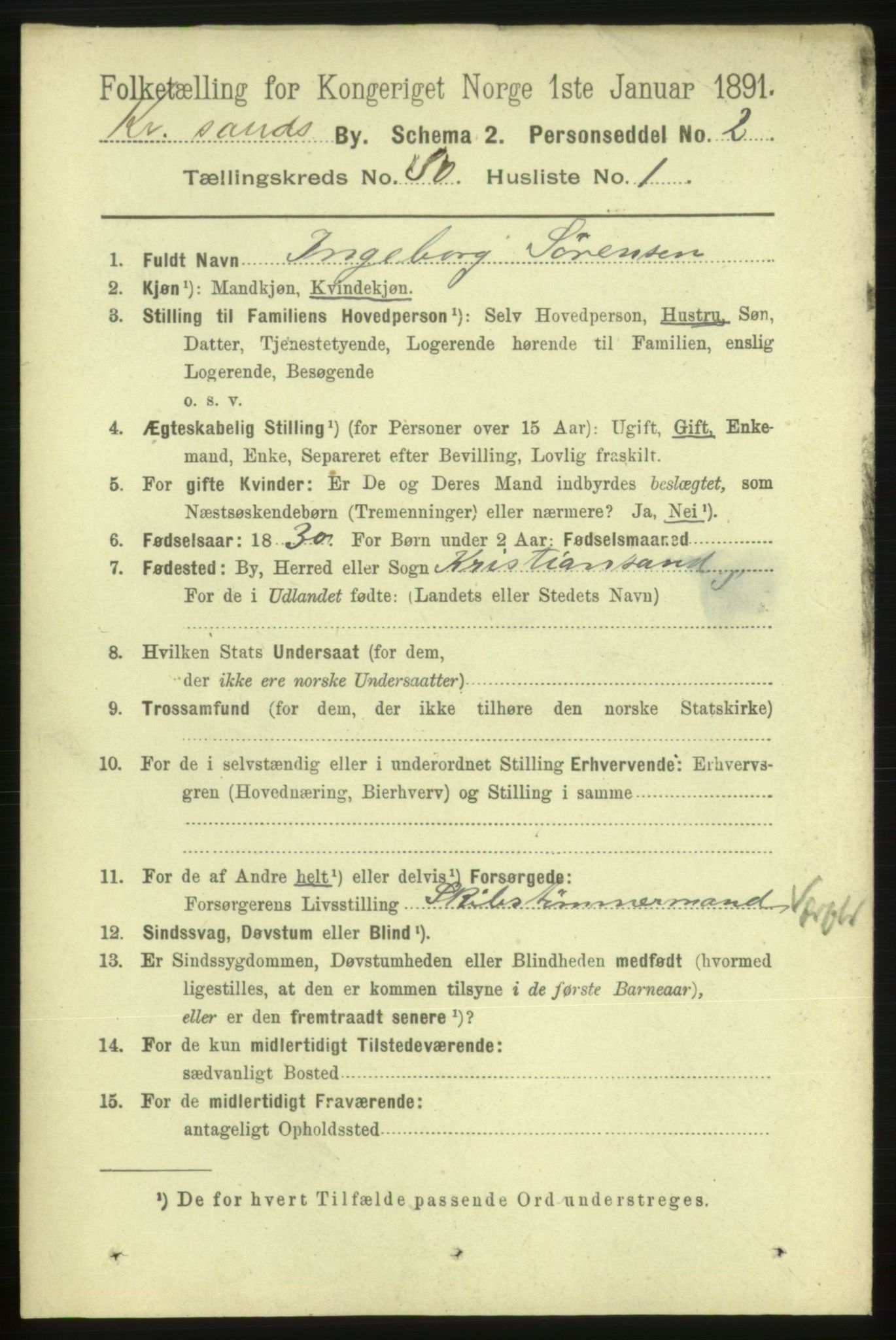 RA, 1891 census for 1001 Kristiansand, 1891, p. 9640