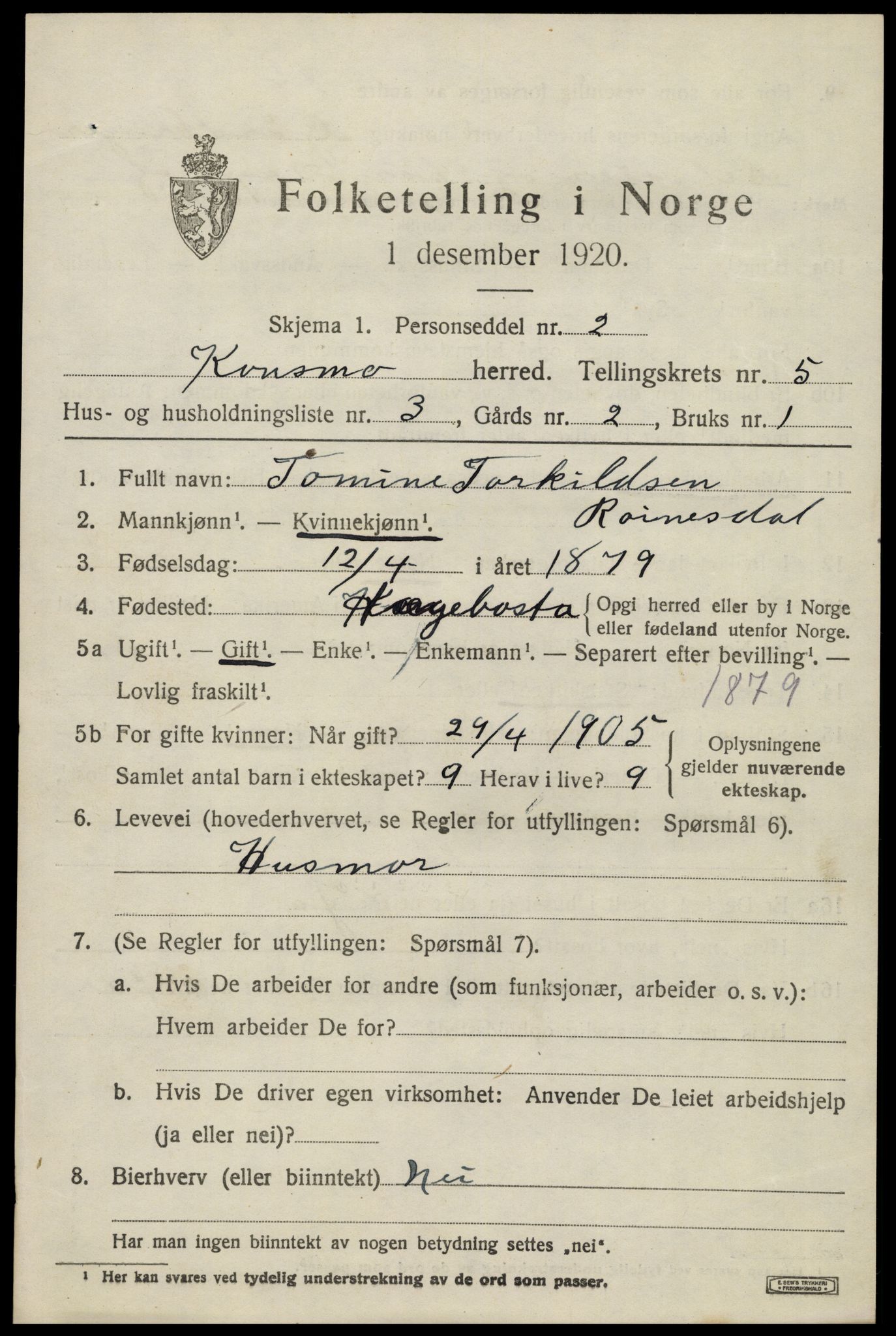 SAK, 1920 census for Konsmo, 1920, p. 1294