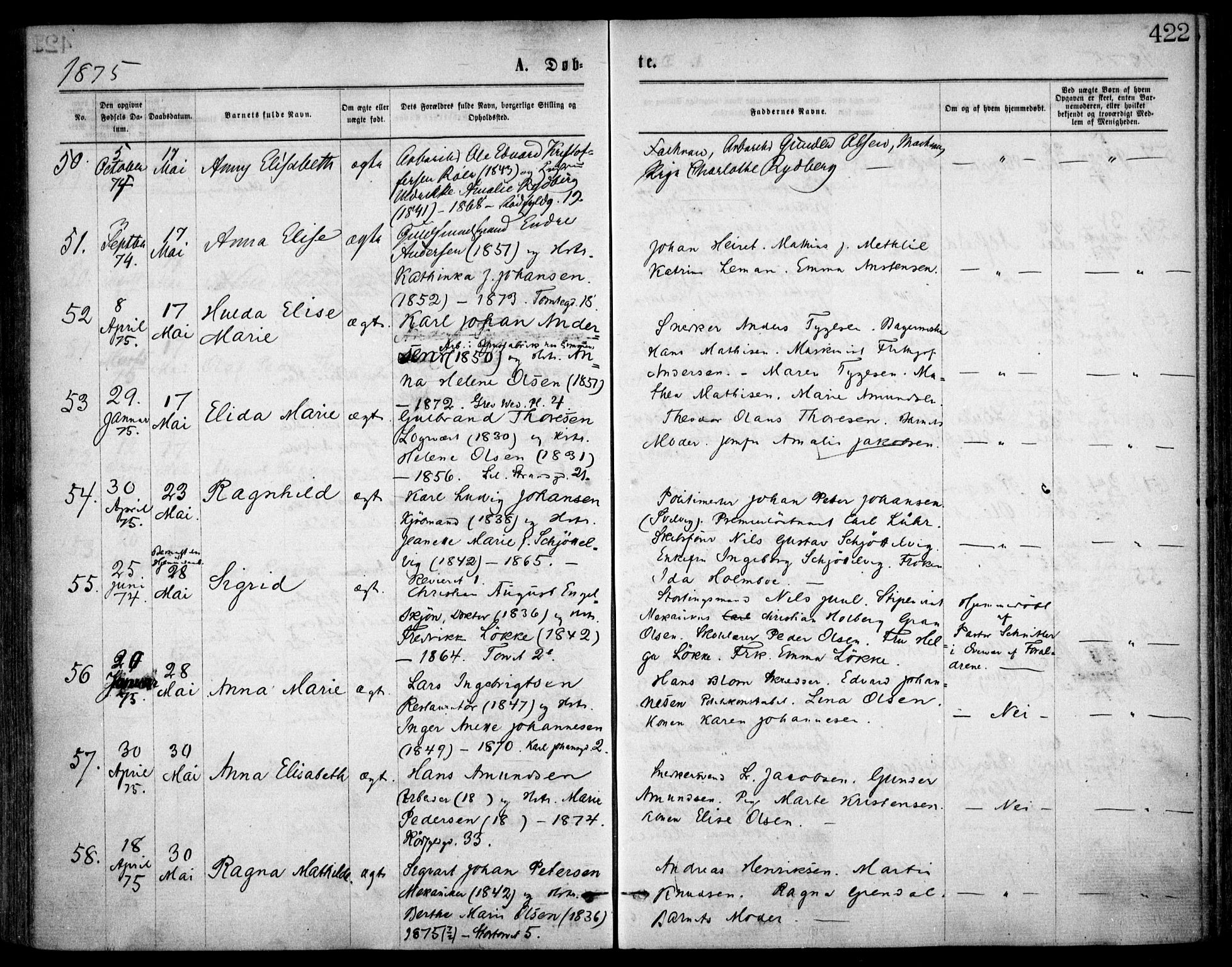 Oslo domkirke Kirkebøker, SAO/A-10752/F/Fa/L0017: Parish register (official) no. 17, 1869-1878, p. 422