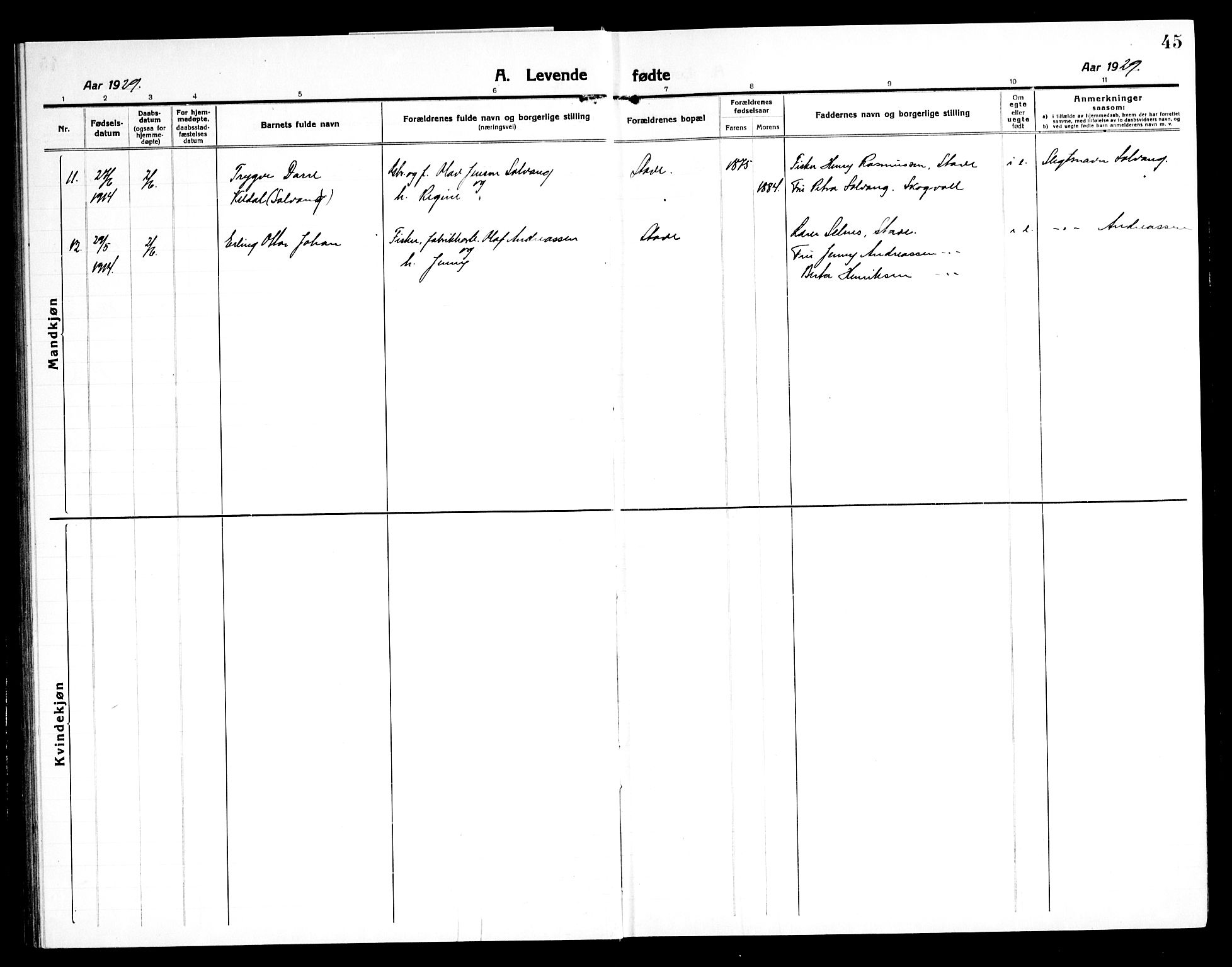 Ministerialprotokoller, klokkerbøker og fødselsregistre - Nordland, AV/SAT-A-1459/897/L1415: Parish register (copy) no. 897C05, 1916-1945, p. 45