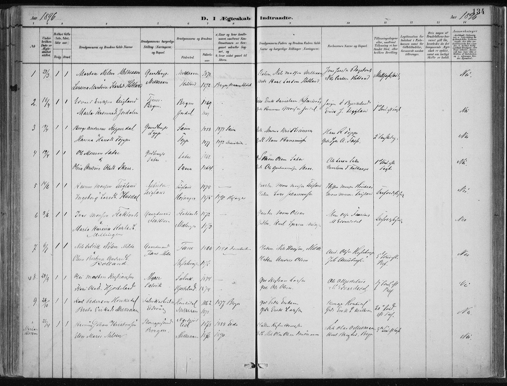 Hamre sokneprestembete, SAB/A-75501/H/Ha/Haa/Haad/L0001: Parish register (official) no. D  1, 1882-1906, p. 134