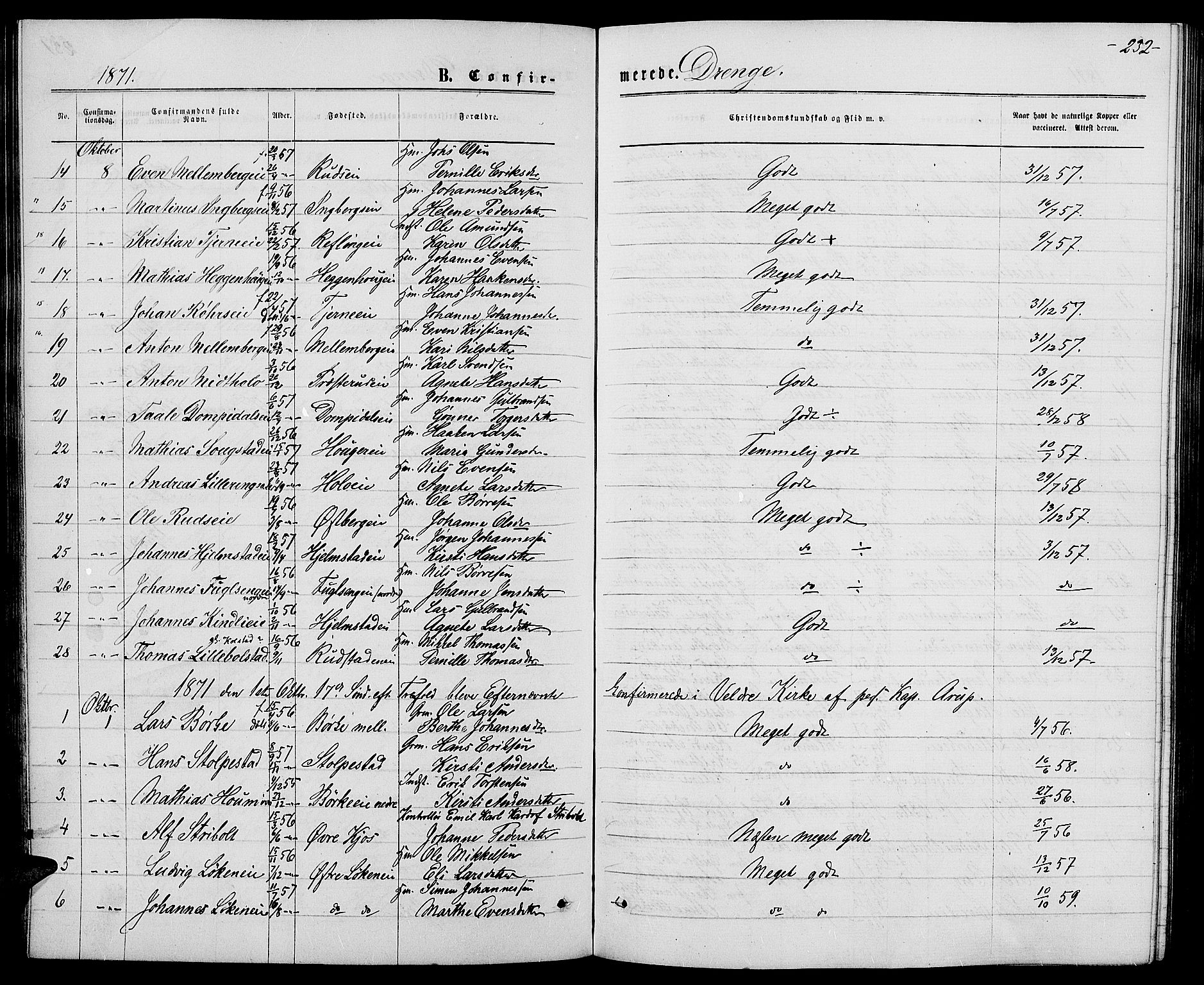 Ringsaker prestekontor, AV/SAH-PREST-014/L/La/L0008: Parish register (copy) no. 8, 1870-1878, p. 232