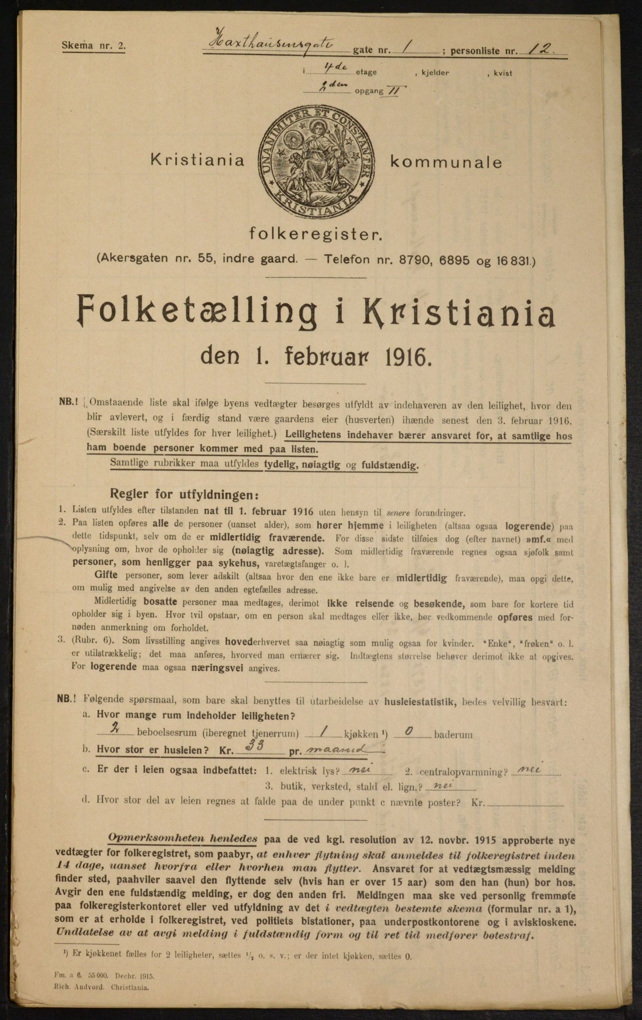 OBA, Municipal Census 1916 for Kristiania, 1916, p. 36078