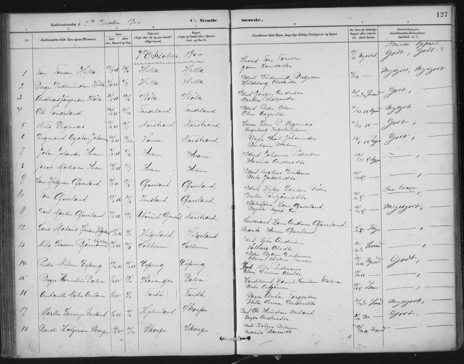 Nedstrand sokneprestkontor, SAST/A-101841/01/IV: Parish register (official) no. A 12, 1887-1915, p. 127