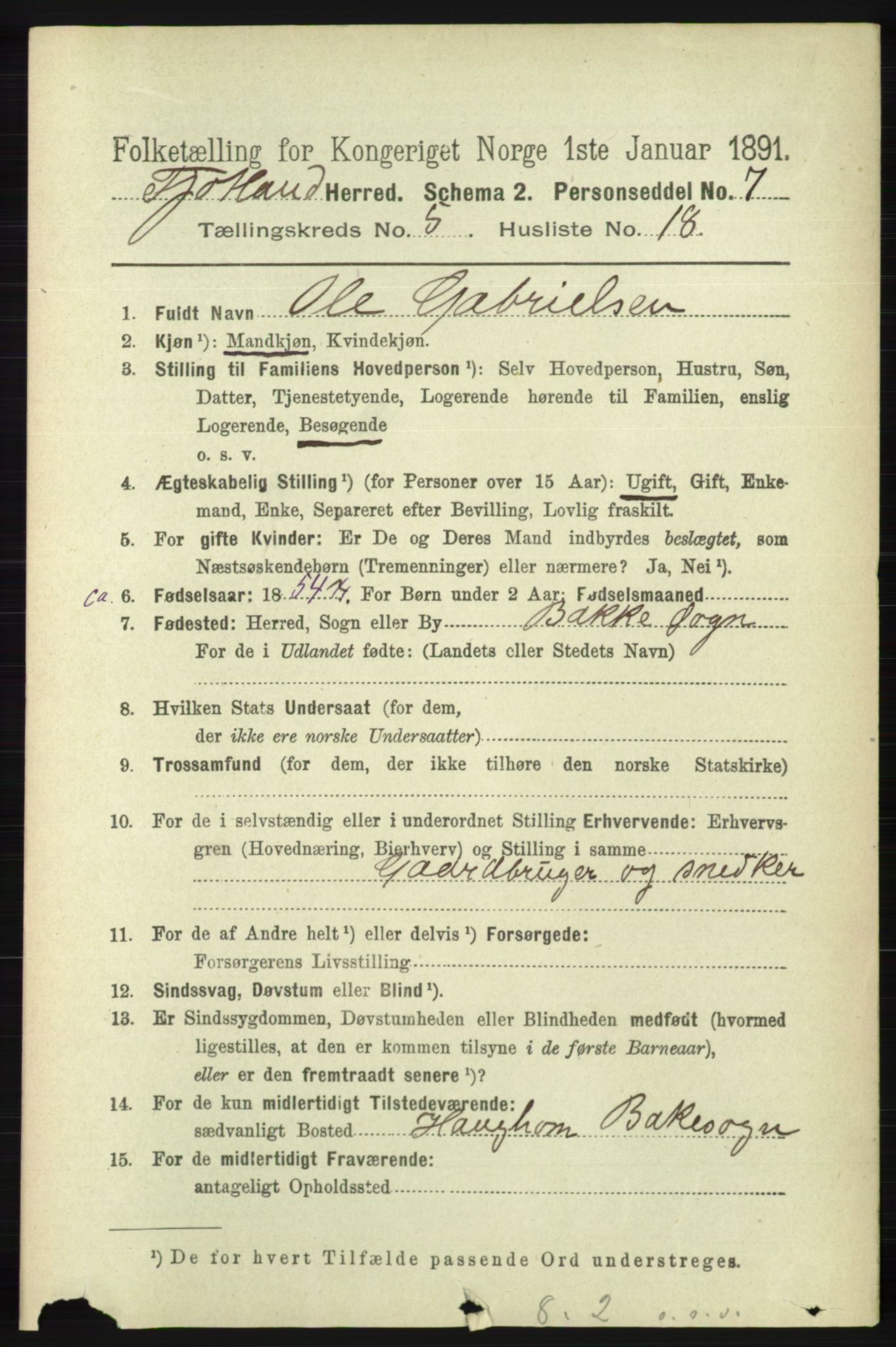 RA, 1891 census for 1036 Fjotland, 1891, p. 832