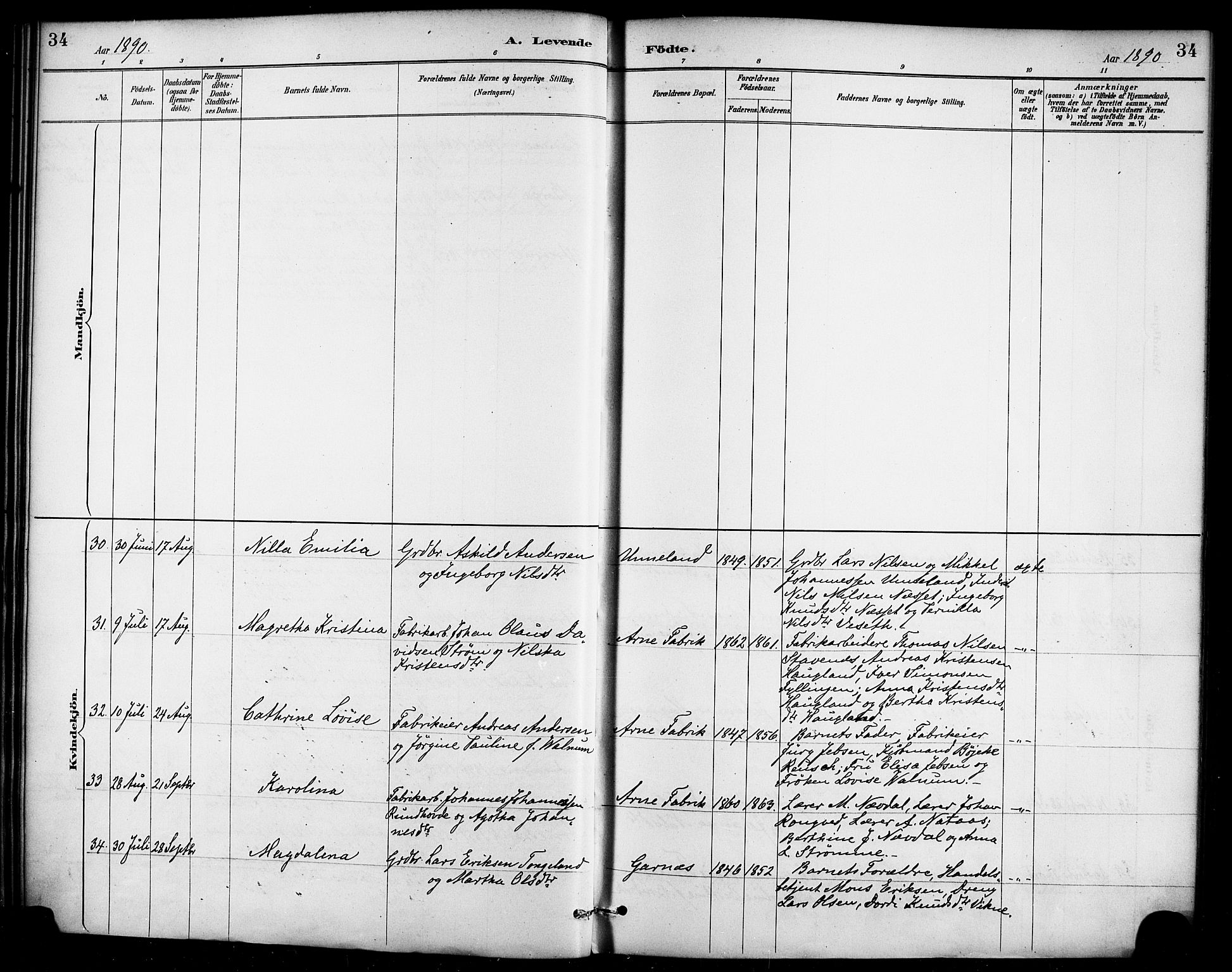 Haus sokneprestembete, AV/SAB-A-75601/H/Haa/Haad/L0001: Parish register (official) no. D 1, 1887-1898, p. 34