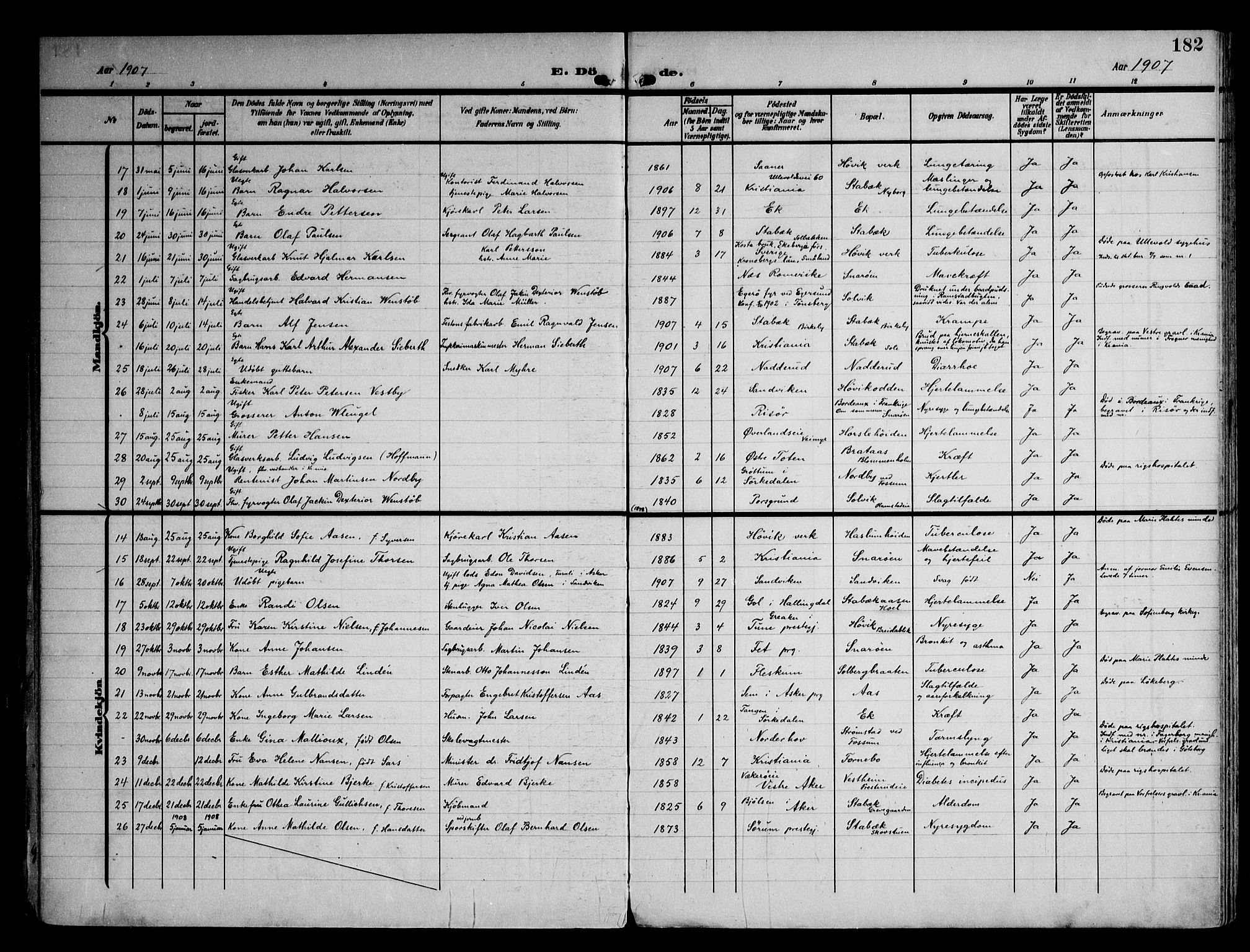 Østre Bærum prestekontor Kirkebøker, SAO/A-10887/F/Fa/L0001: Parish register (official) no. 1, 1905-1924, p. 182