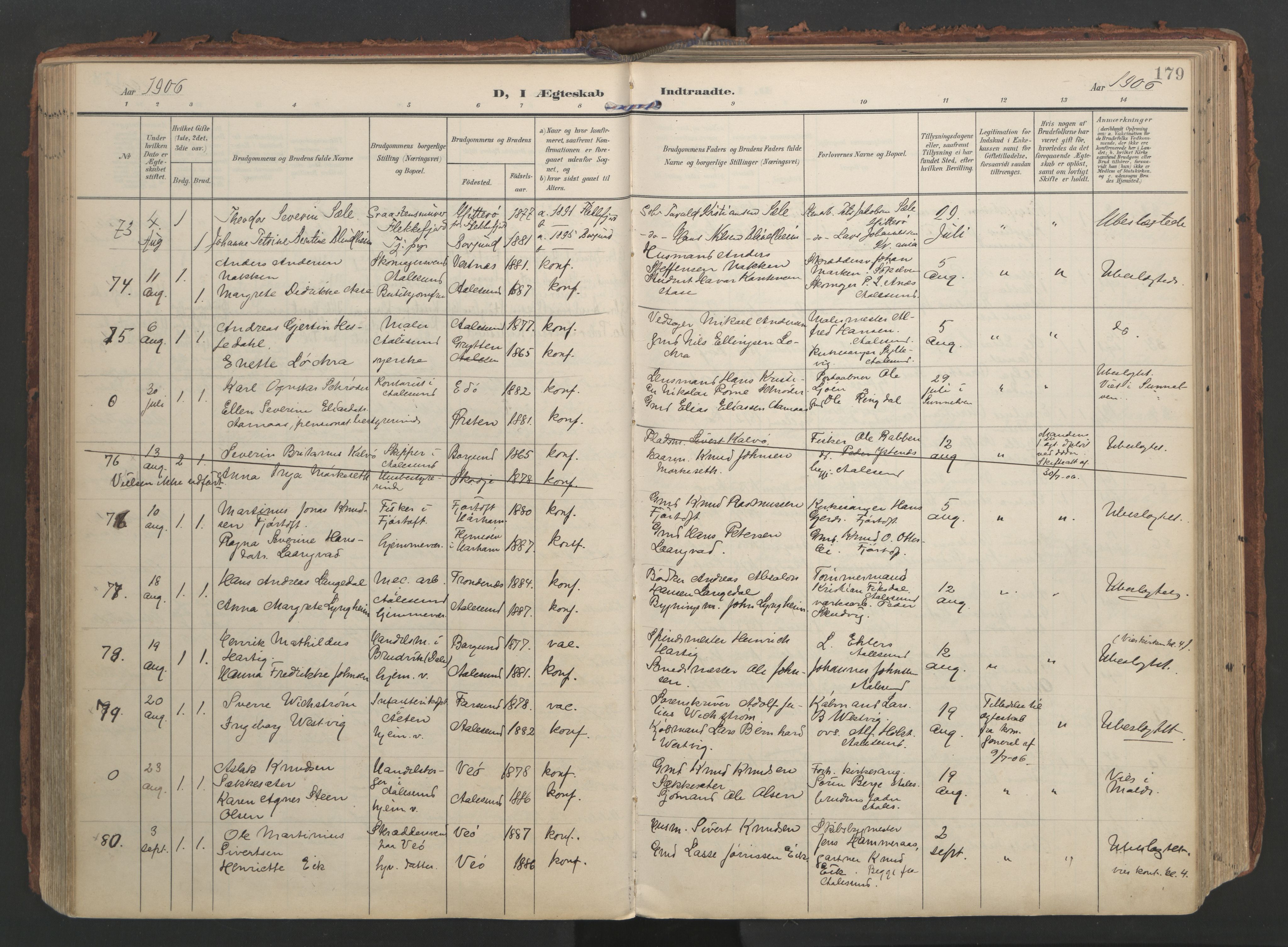 Ministerialprotokoller, klokkerbøker og fødselsregistre - Møre og Romsdal, SAT/A-1454/529/L0459: Parish register (official) no. 529A09, 1904-1917, p. 179