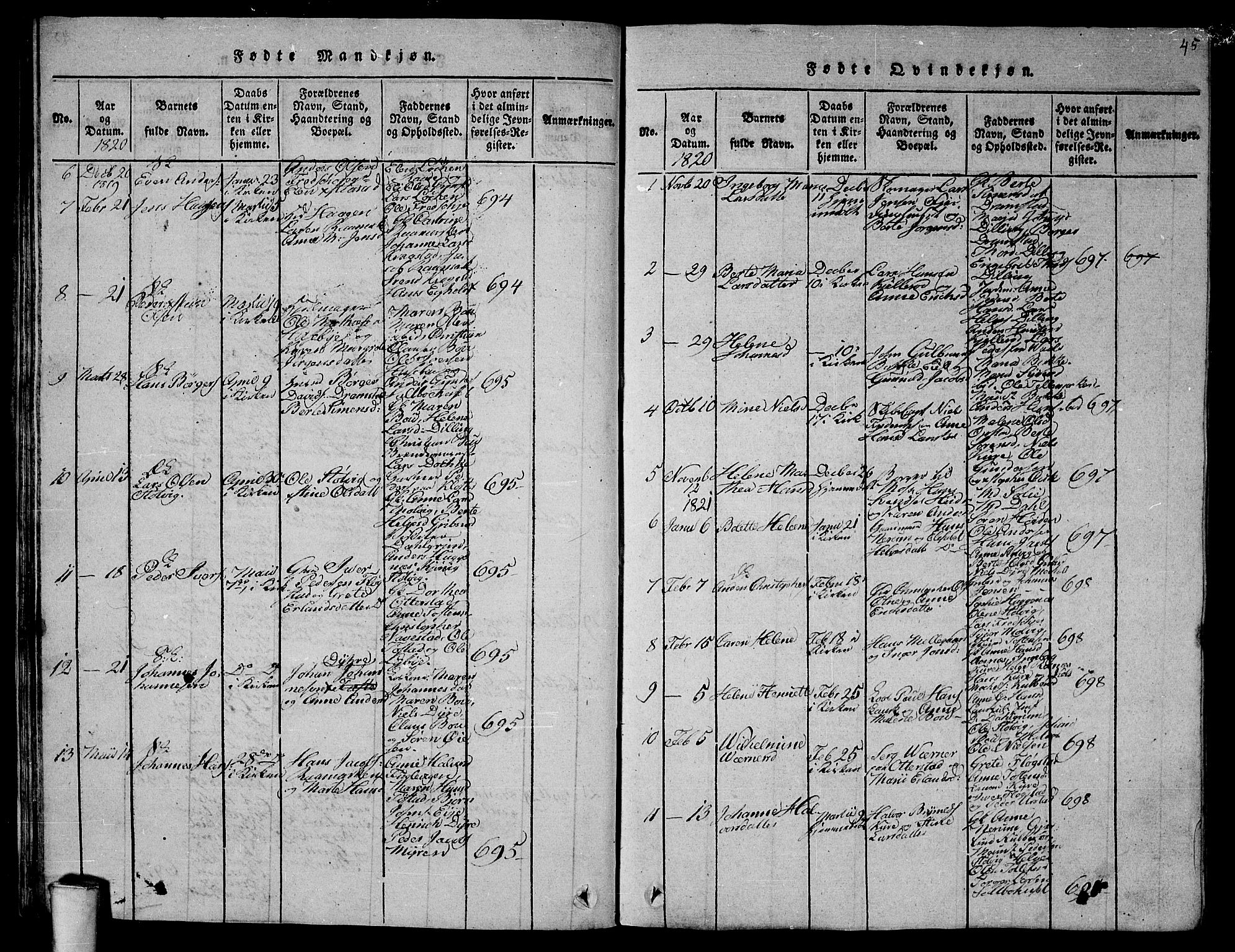 Rygge prestekontor Kirkebøker, SAO/A-10084b/G/Ga/L0001: Parish register (copy) no. 1, 1814-1871, p. 44-45