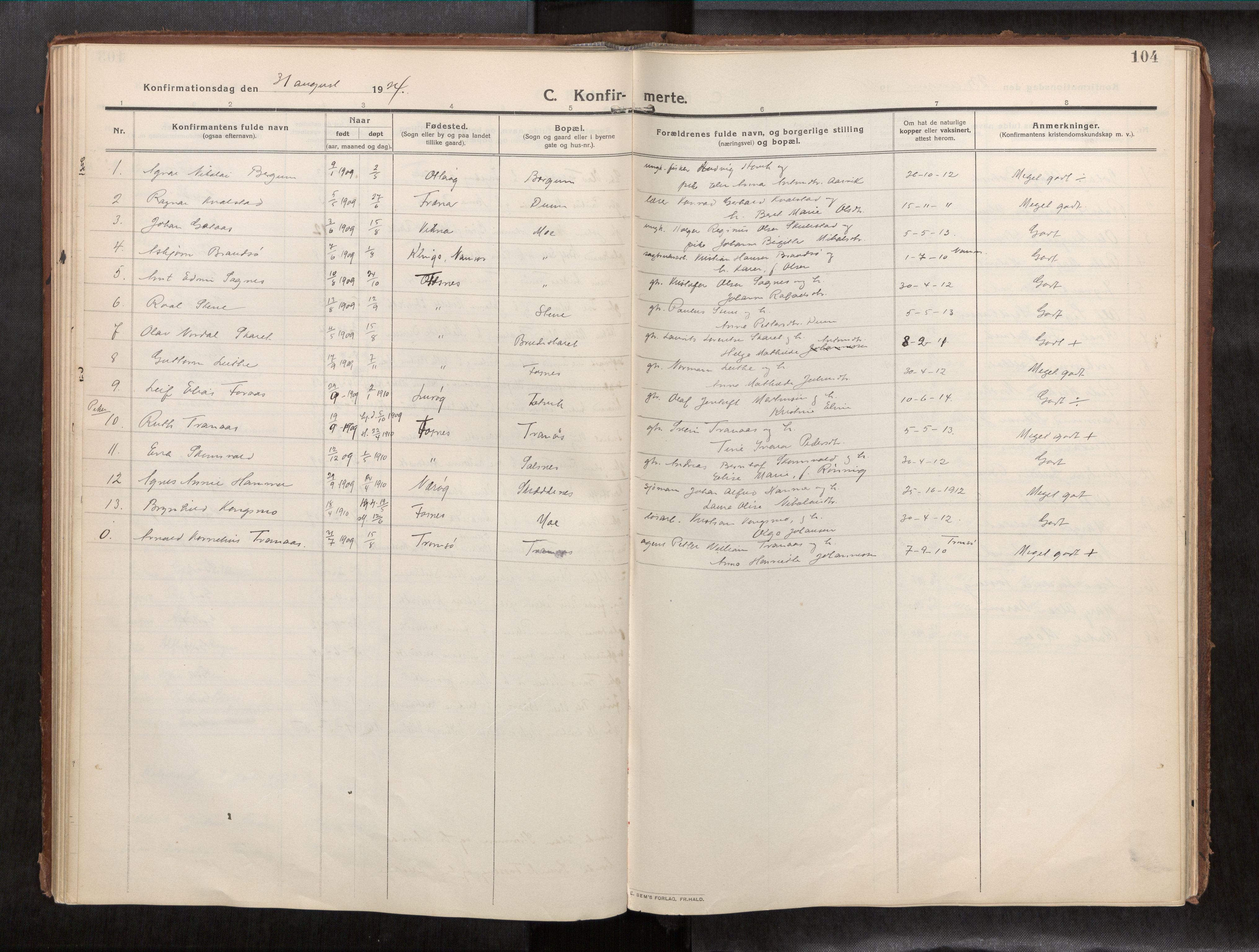 Ministerialprotokoller, klokkerbøker og fødselsregistre - Nord-Trøndelag, SAT/A-1458/773/L0624a: Parish register (official) no. 773A16, 1910-1936, p. 104