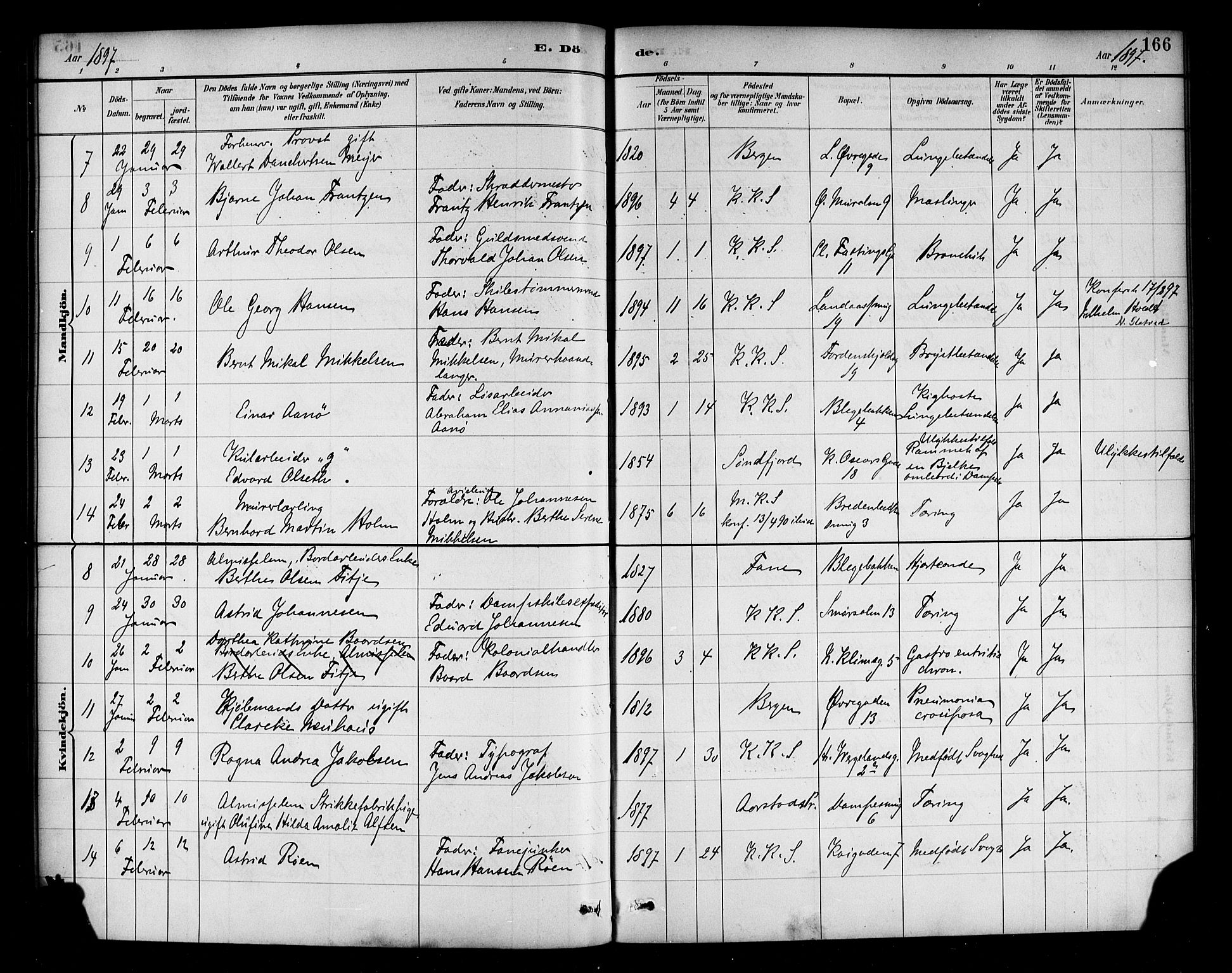Korskirken sokneprestembete, SAB/A-76101/H/Haa/L0047: Parish register (official) no. E 5, 1884-1910, p. 166
