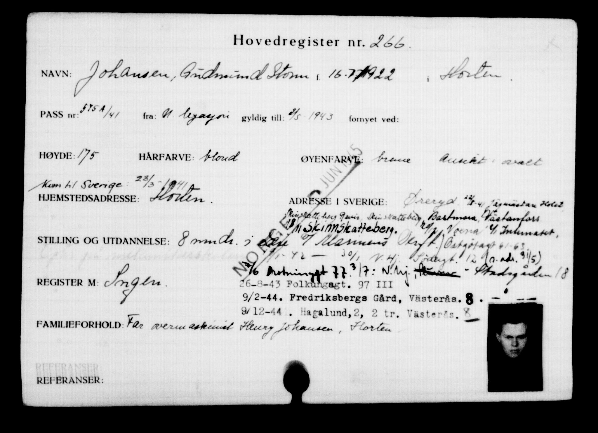Utenriksstasjonene, Legasjonen i Stockholm, Flyktningkontoret, AV/RA-S-6753/V/Va/L0001: Kjesäterkartoteket, flyktninger med registreringsnr. 1-1000, 1940-1945, p. 424