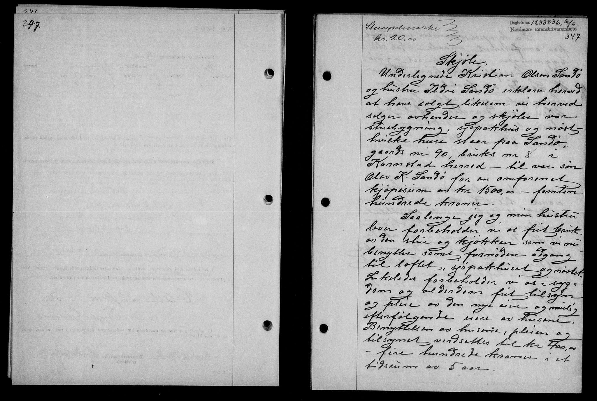 Nordmøre sorenskriveri, AV/SAT-A-4132/1/2/2Ca/L0088: Mortgage book no. 78, 1936-1936, Diary no: : 1233/1936