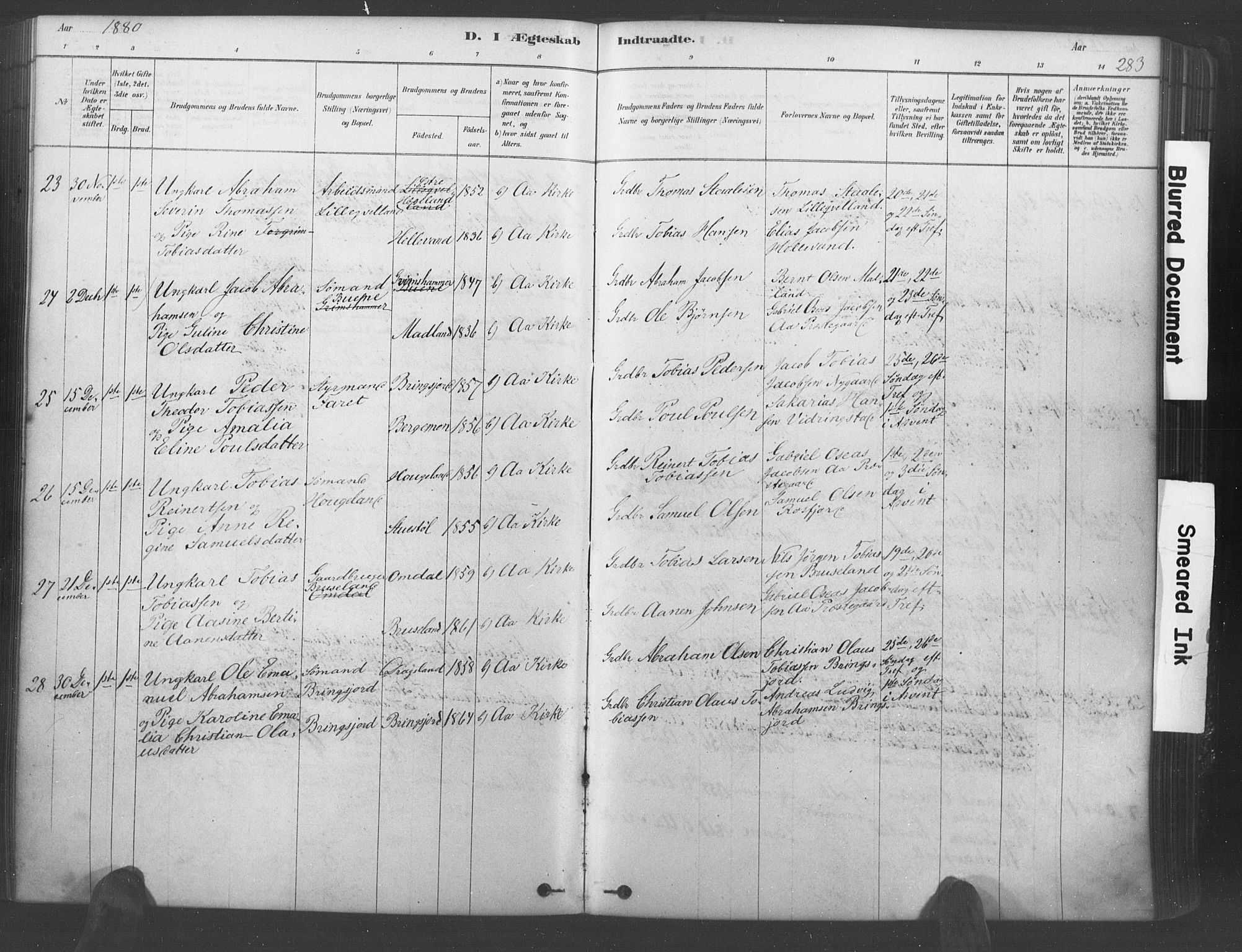 Lyngdal sokneprestkontor, AV/SAK-1111-0029/F/Fa/Fac/L0011: Parish register (official) no. A 11, 1878-1893, p. 283