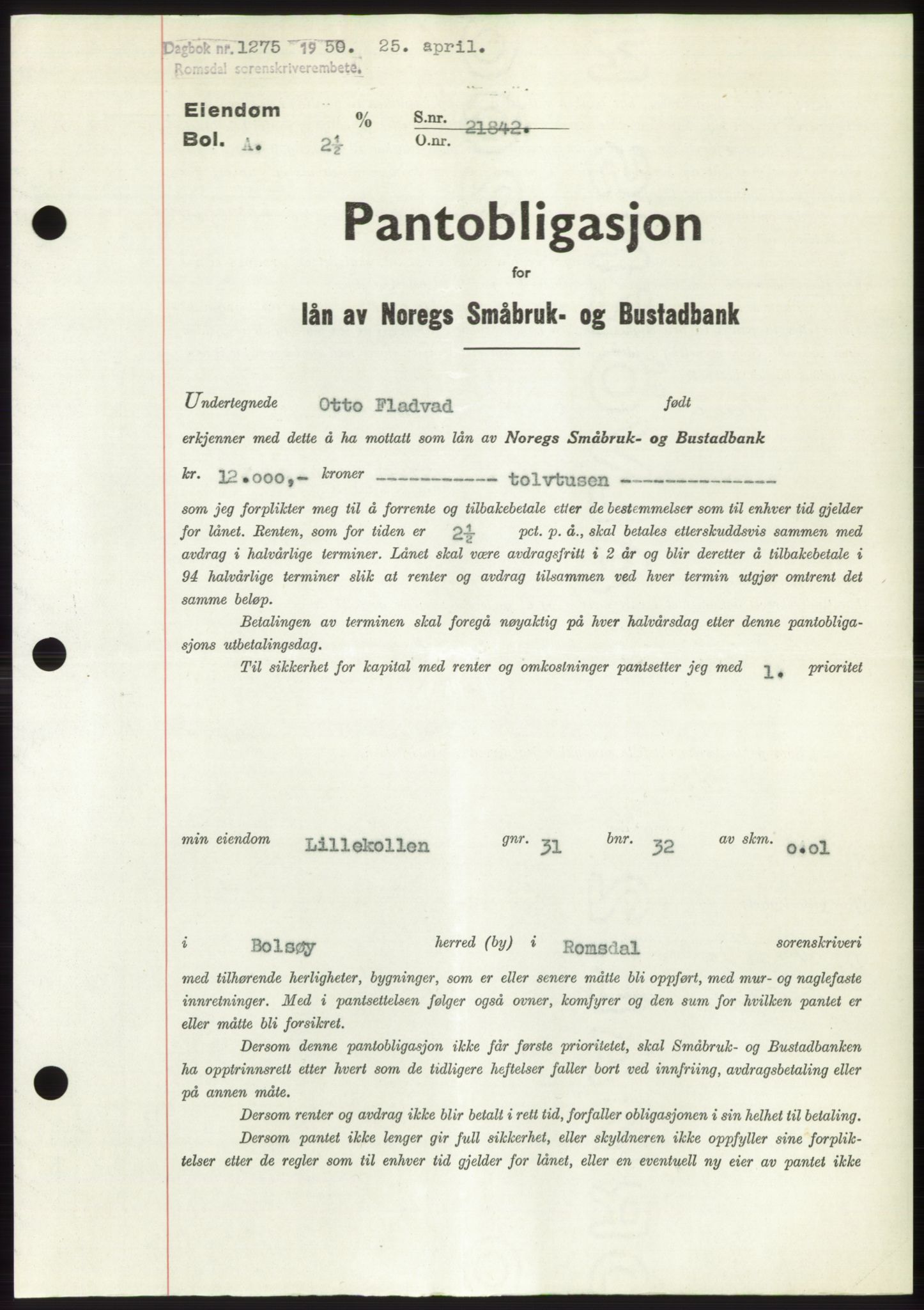 Romsdal sorenskriveri, AV/SAT-A-4149/1/2/2C: Mortgage book no. B5, 1949-1950, Diary no: : 1275/1950