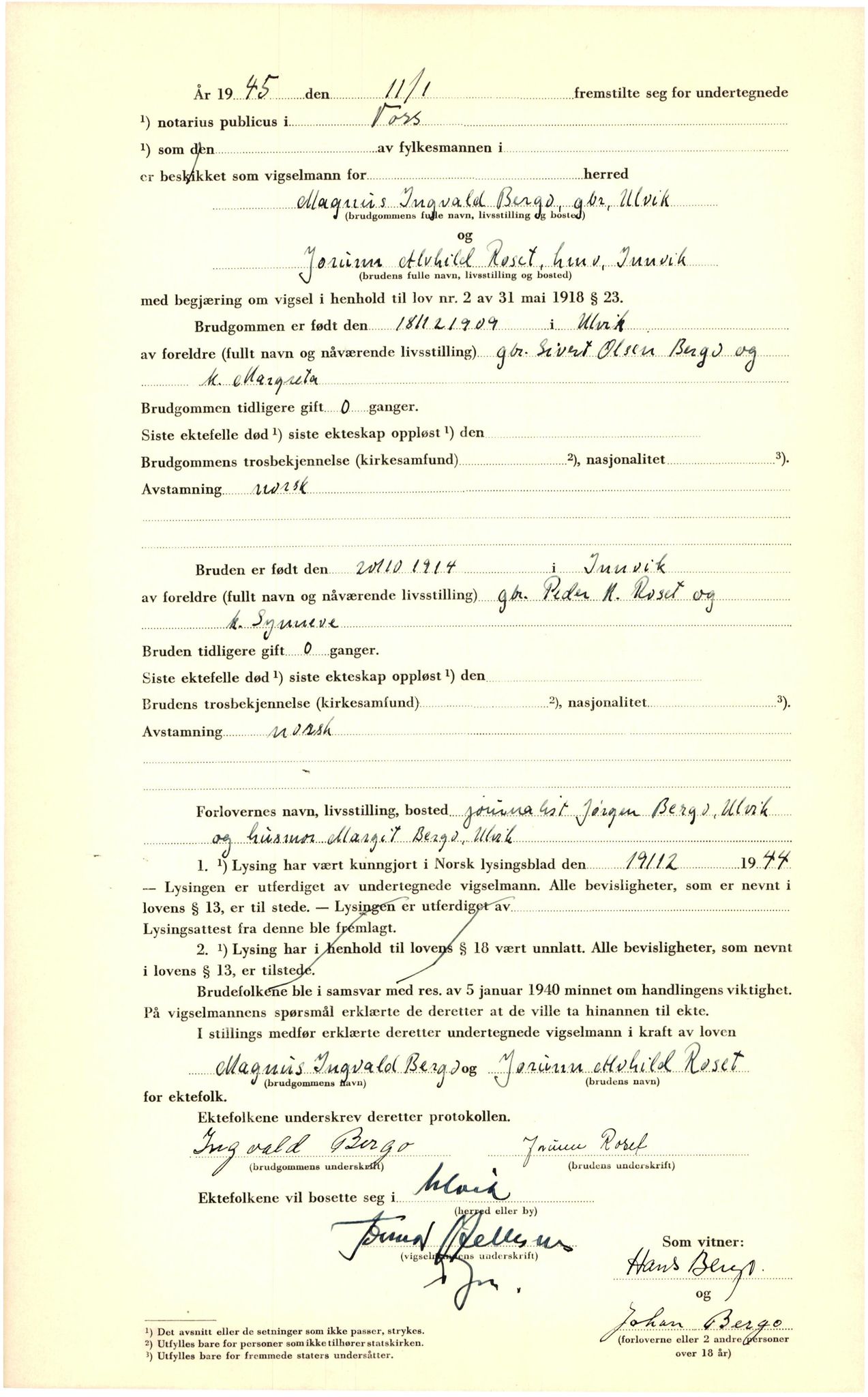 Voss sorenskrivar, SAB/A-2701/M/Maa/L0002: Vigselbok, 1943-1945, p. 86b