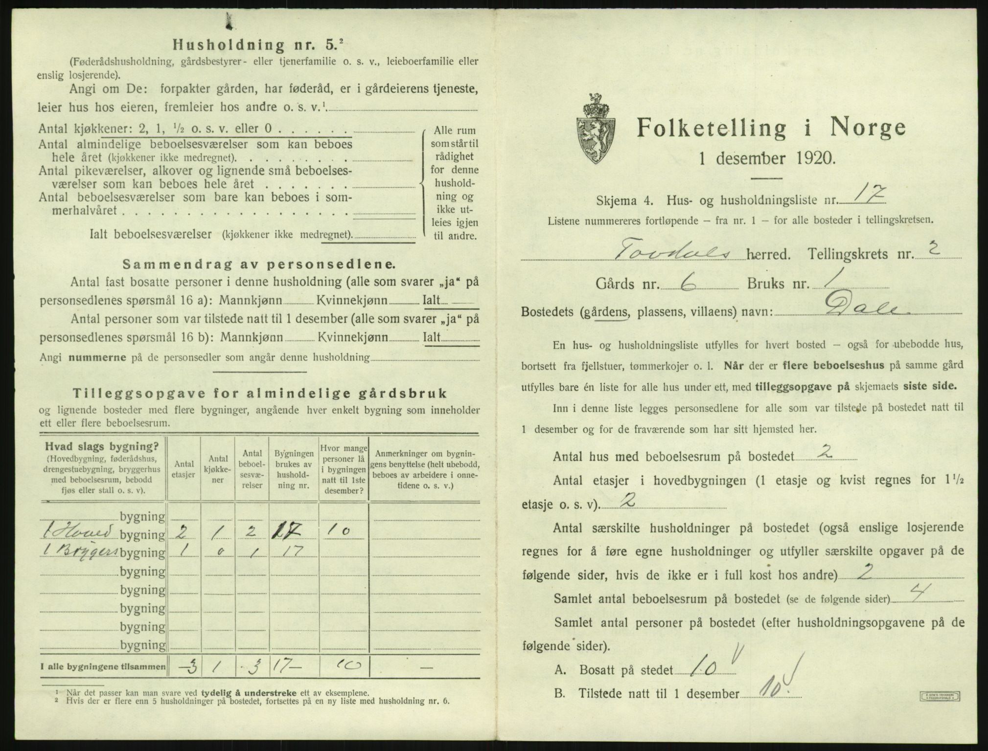 SAK, 1920 census for Tovdal, 1920, p. 73