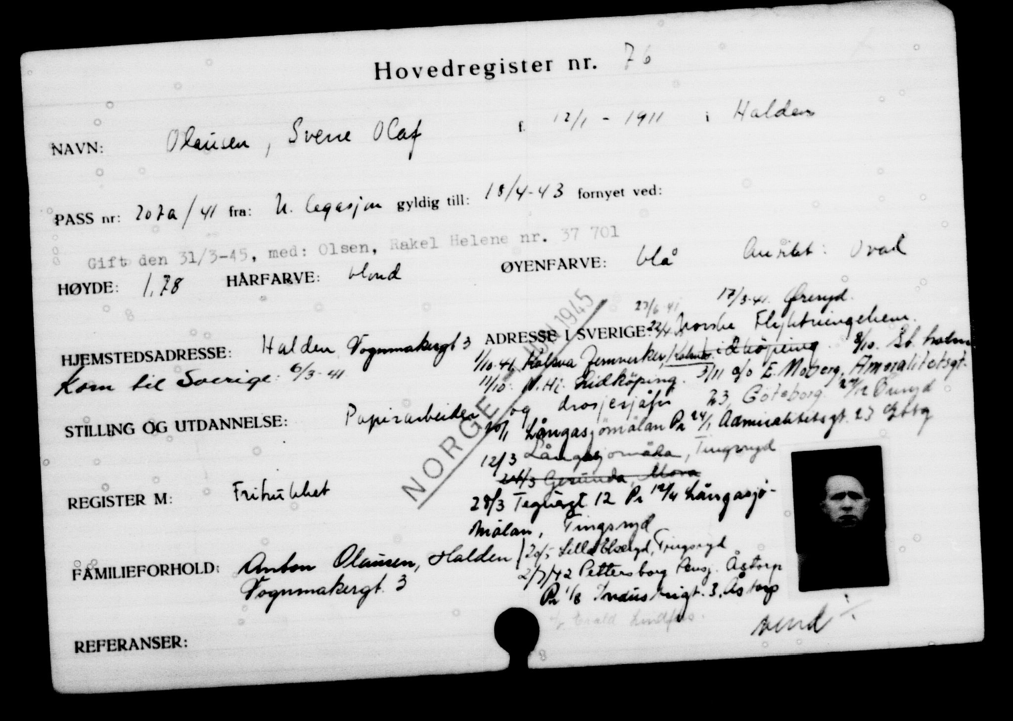 Utenriksstasjonene, Legasjonen i Stockholm, Flyktningkontoret, AV/RA-S-6753/V/Va/L0001: Kjesäterkartoteket, flyktninger med registreringsnr. 1-1000, 1940-1945, p. 129
