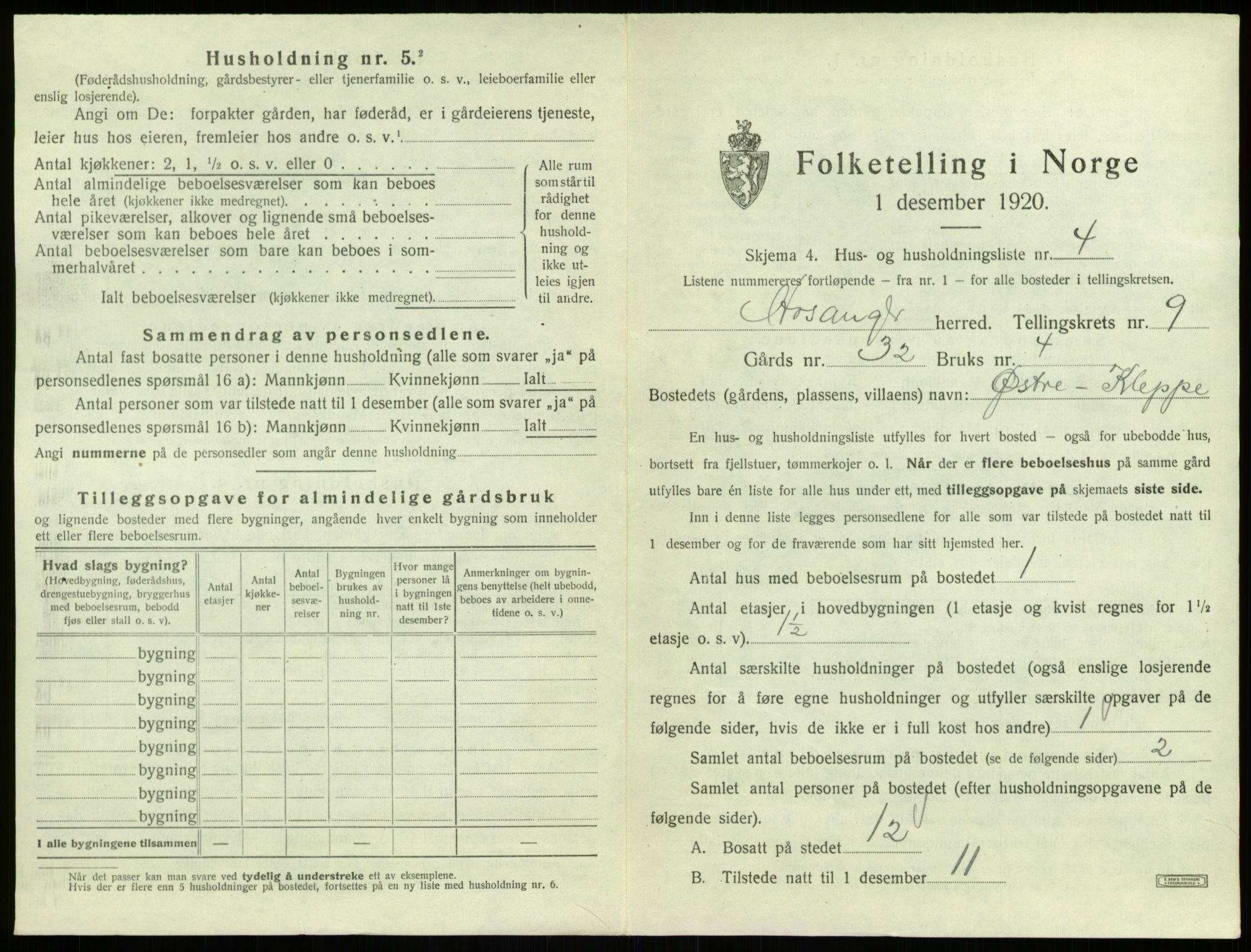 SAB, 1920 census for Hosanger, 1920, p. 495