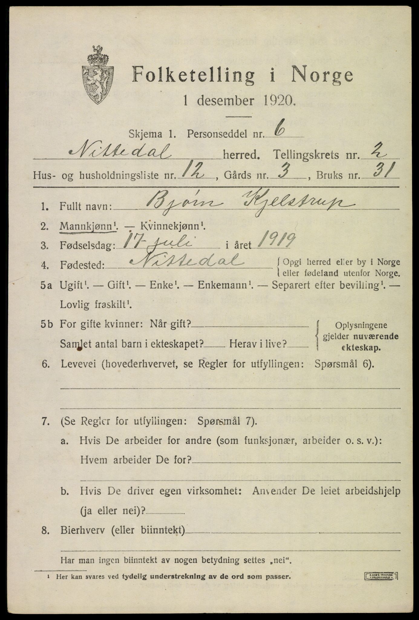 SAO, 1920 census for Nittedal, 1920, p. 2072