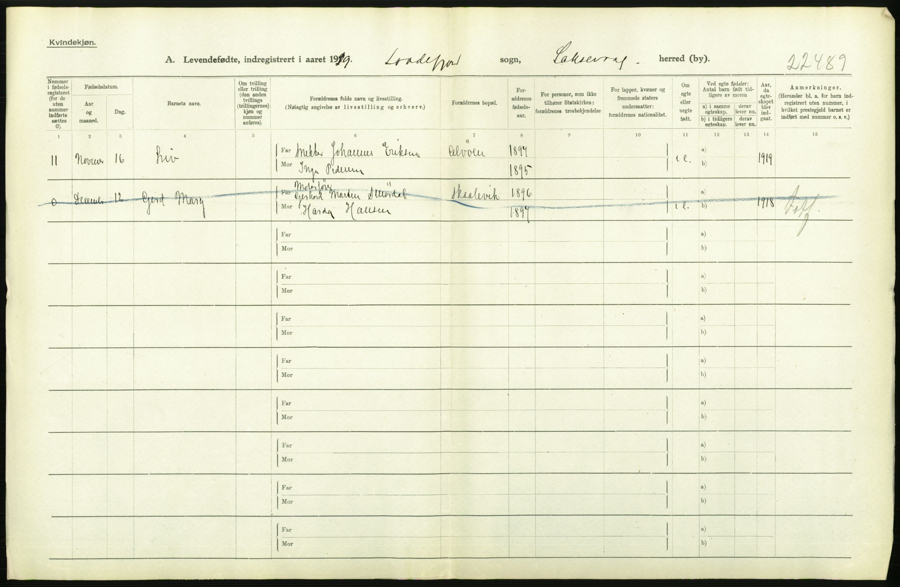 Statistisk sentralbyrå, Sosiodemografiske emner, Befolkning, RA/S-2228/D/Df/Dfb/Dfbi/L0031: Hordaland fylke: Levendefødte menn og kvinner. Bygder., 1919, p. 304