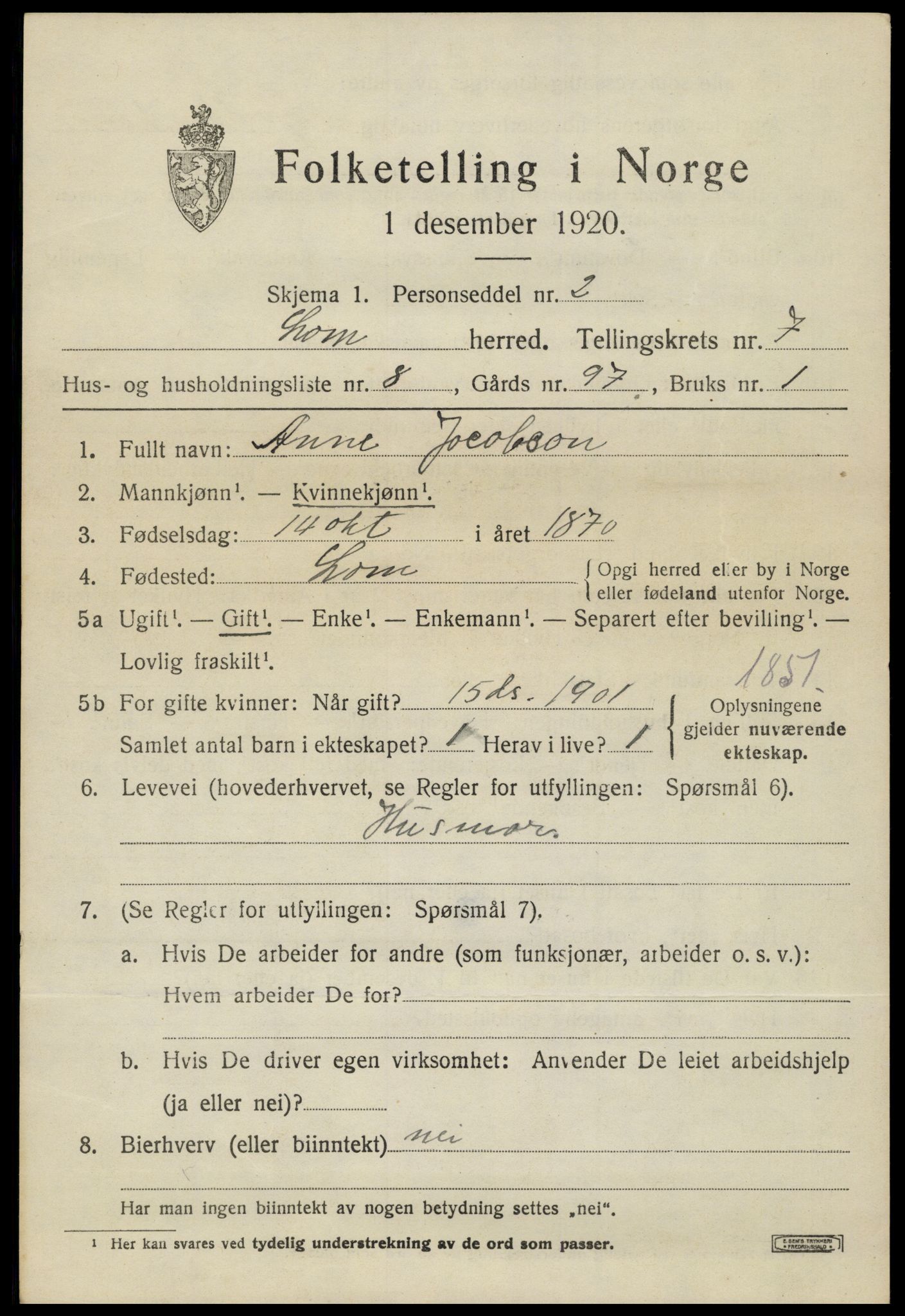 SAH, 1920 census for Lom, 1920, p. 4240