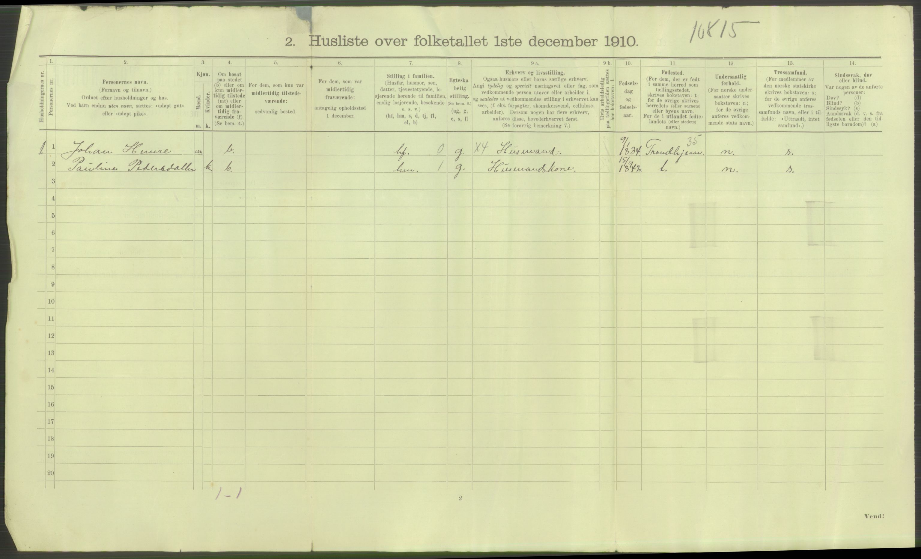 RA, 1910 census for Hustad (Sandvollan), 1910, p. 16