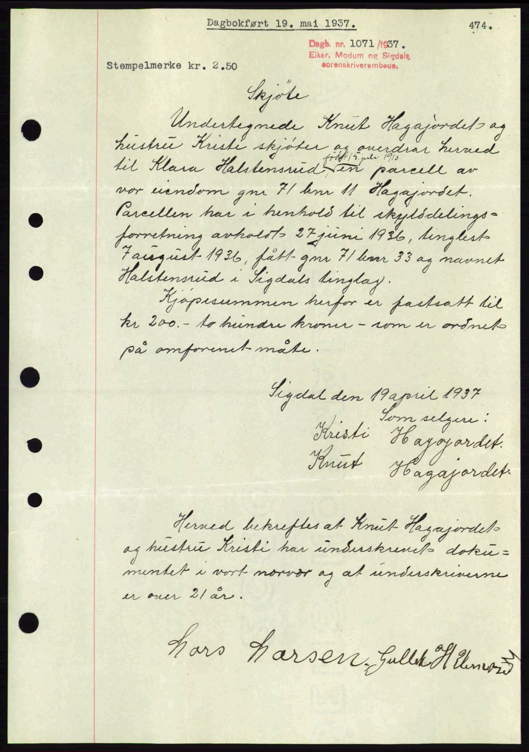 Eiker, Modum og Sigdal sorenskriveri, SAKO/A-123/G/Ga/Gab/L0035: Mortgage book no. A5, 1937-1937, Diary no: : 1071/1937