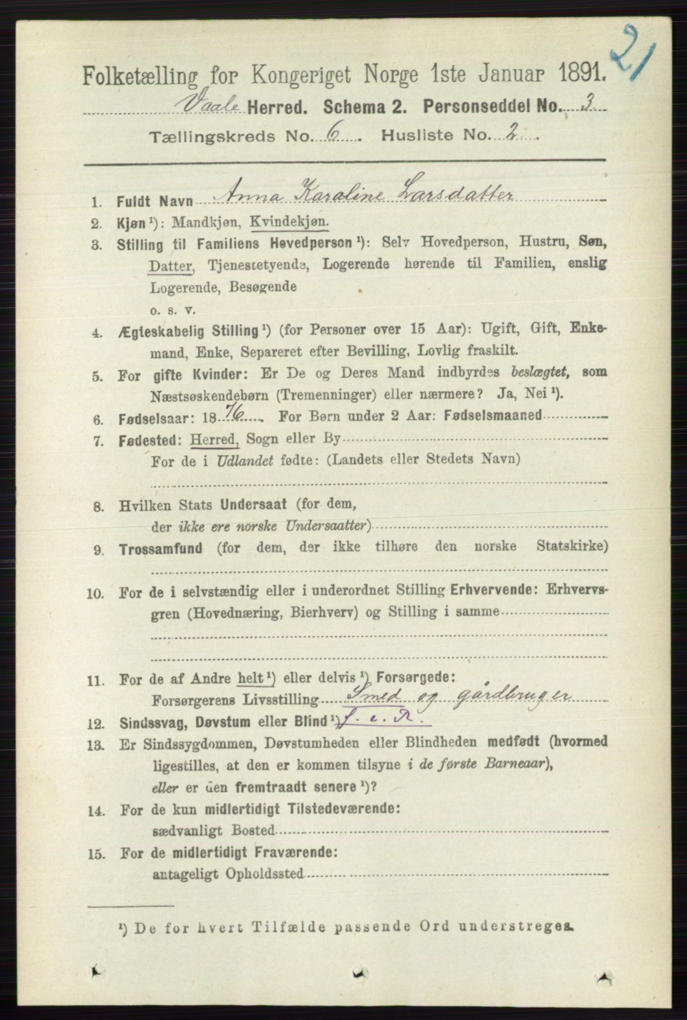 RA, 1891 census for 0716 Våle, 1891, p. 1788