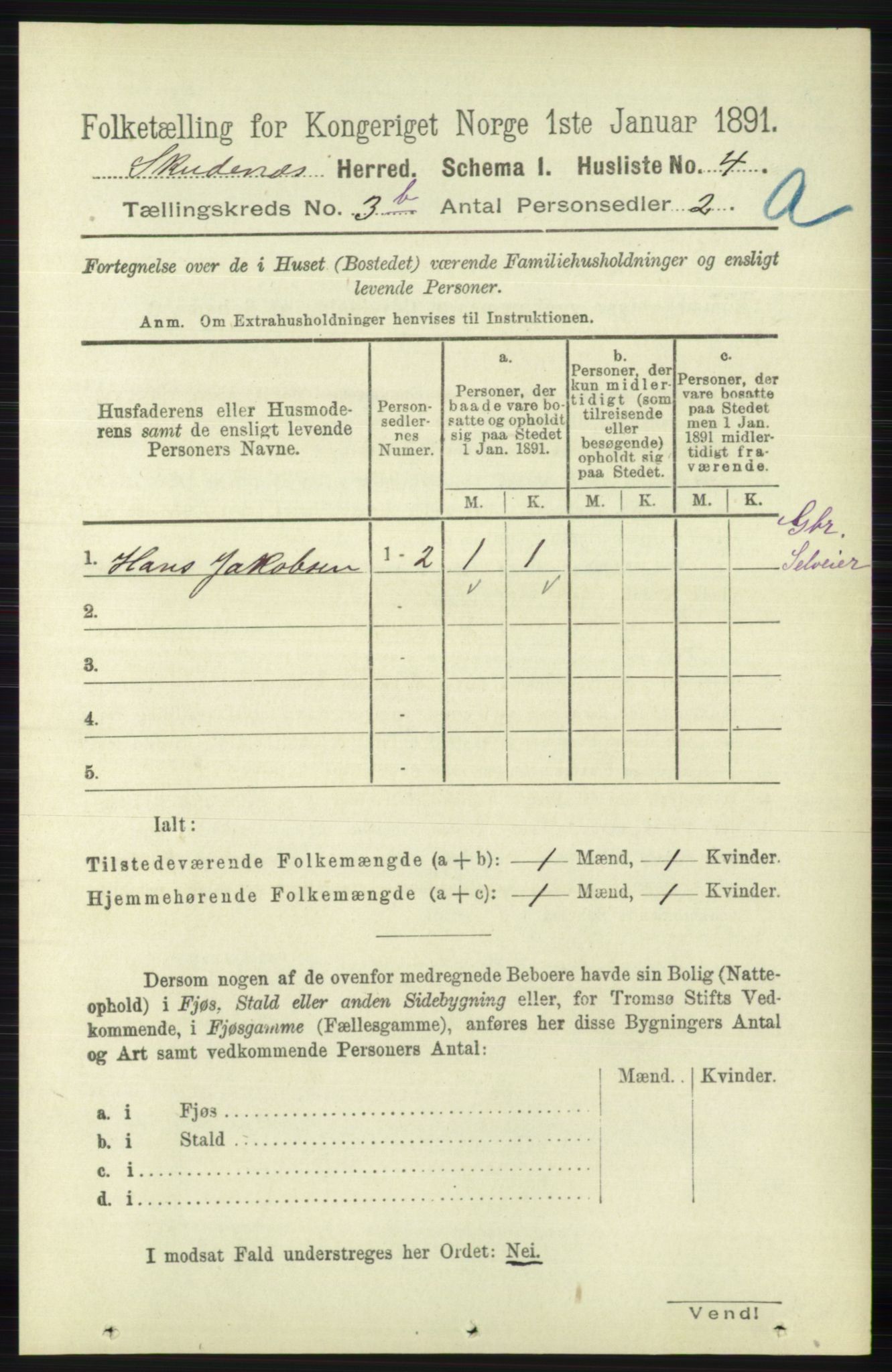 RA, 1891 census for 1150 Skudenes, 1891, p. 1615