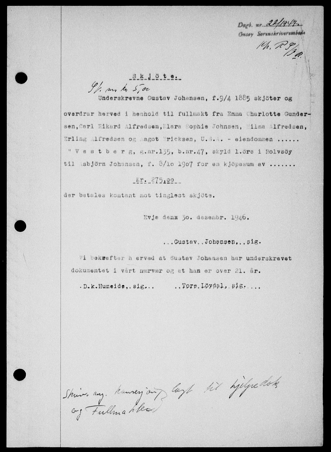 Onsøy sorenskriveri, SAO/A-10474/G/Ga/Gab/L0018: Mortgage book no. II A-18, 1946-1947, Diary no: : 22/1947